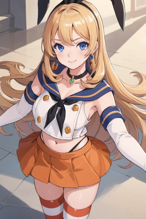 (masterpiece, highest quality;1.3), Highly detailed CG, Super detailed, One girl, alone,  smile,  View your viewers, stylish angle, Blonde long hair,blue eyes,
SV1,Orange Choker, White gloves, jewelry, From above, Raise your arms,
 Simakos, mini skirt,Crop top,Knee socks, Elbow hand pockets