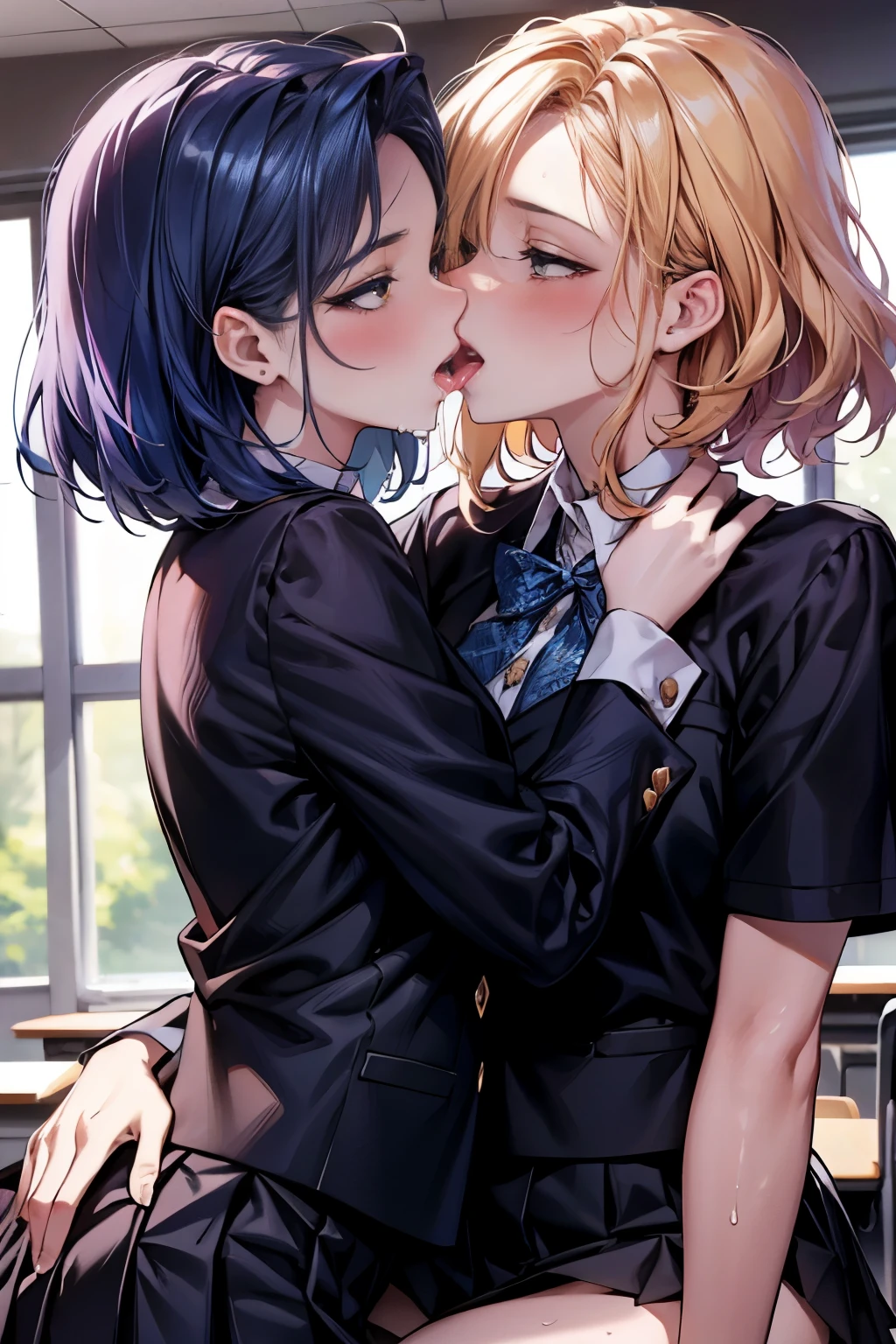 (Best quality, 8K, Masterpiece:1.3, 2 girls, Beautiful girl), cute, Dynamism, Detailed face, Detailed skin, detailed clothes, Detailed eyes, Detailed lips, Detailed tongue, Detailed fingers, Detailed mouth, Photorealistic, Raw photo, highres, hight resolution, Natural lighting, dynamic pose, perfect anatomy, toned legs, double eyelids, tear bags, round eyes, moist lips, sweaty, ecstatic face, school uniforms, pleated skirt, half closed eyes, blush, open mouth, tongue out kiss, ahegao, drooling, grabbing crotch, lesbian, yuri, (2 girls are kissing:1.2), sexy kiss, erotic kiss, lesbian kiss, classroom, undressing, blue hair, yellow hair