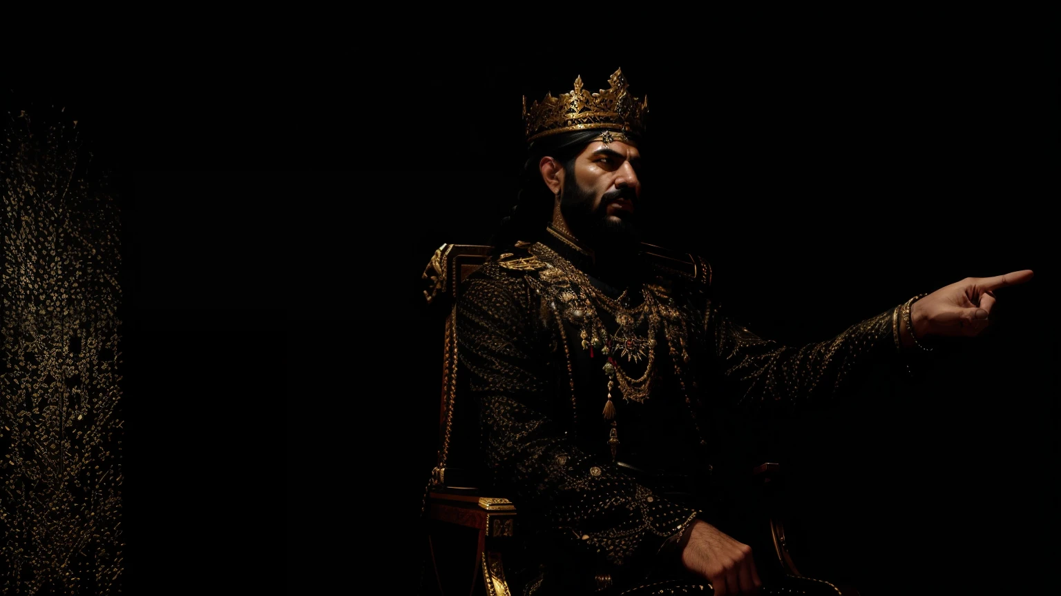 4k, unreal engine , a persian king sitting on his throne and pointing finger while his hands raised in his grand persian throne room