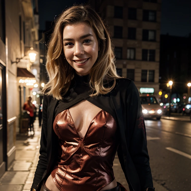 Vanessa Kirby dressed as a superhero smiling