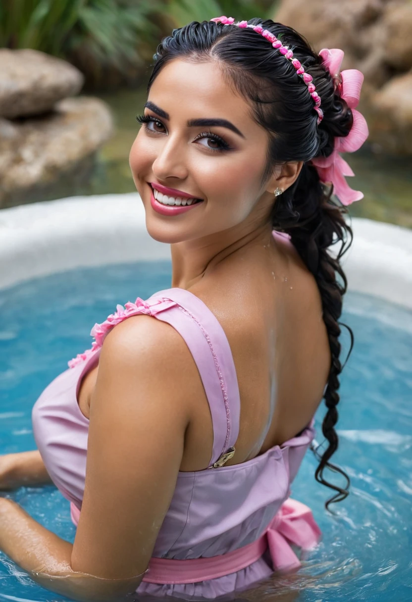 mujer joven, 27 years old,.She lies in a warm hot spring.. esta lloviendo. She is standing in waist-deep water.. She smiles with pleasure, saboreando el agua tibia corriendo por sus largos, wet, rubio, pelo trenzado, su ropa y su cuerpo. hermoso, Suave, cara larga, ojos grandes,labios completamente abiertos, vestido rosa de verano, a belt intensifies your wesp-taille. Sobre todo vistiendo un azul, Gabardina larga, Abrigo desabrochado. (rubio, cabello muy largo, dos trenzas ) (dripping wet hair), clothes dripping wet,mojado, transparente, (see through), rigid breasts, ((pezones)), sin sujetador, cuerpo delgado