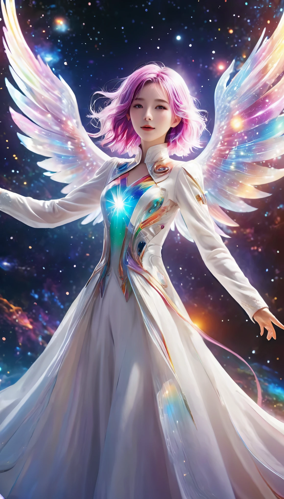 Floating in space、((whole body))、Reach out, highest quality, Highly detailed CG synthesis 8k wallpaper, Cinema lighting, Lens flare, Beautiful eye for detail, White clothes, Multicolored Hair, Rich and colorful light, particle, 16 years old、girl、Laugh fearlessly、Rainbow Hair、Big Bang Girl,((The edge of the universe can be seen on the lining))、dark matter、energy、Retro and psychedelic、Create miracles with a single photon、From Blink to Quasar、It's too bright to keep looking、The Super Burst is what draws you in