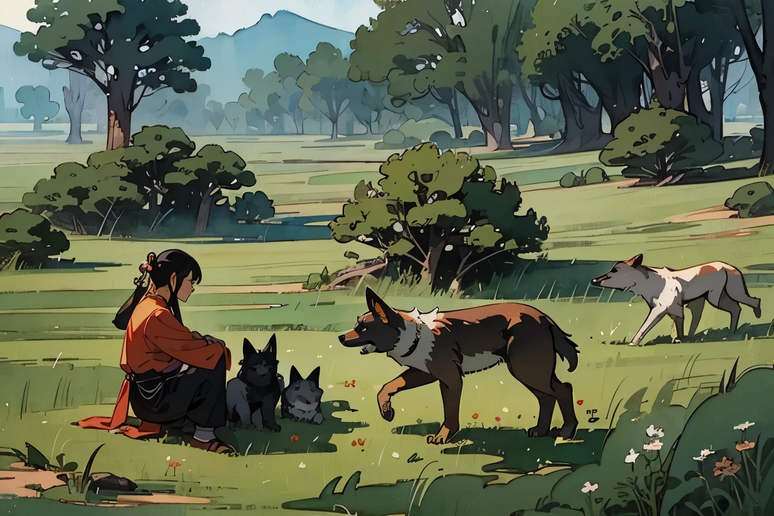 Neanderthals communicating with dogs，（Neanderthal sitting on the ground：1.3）Domesticated animals，Prehistoric humans，Humans 60,000 years ago，Wolfdog，grassland，field，wilderness，author：Randolph Caldecott, (Watercolor, masterpiece, Line Art, Illustration Art, Professional line art, Super complex and detailed, Chinese painting，8K:1.3)