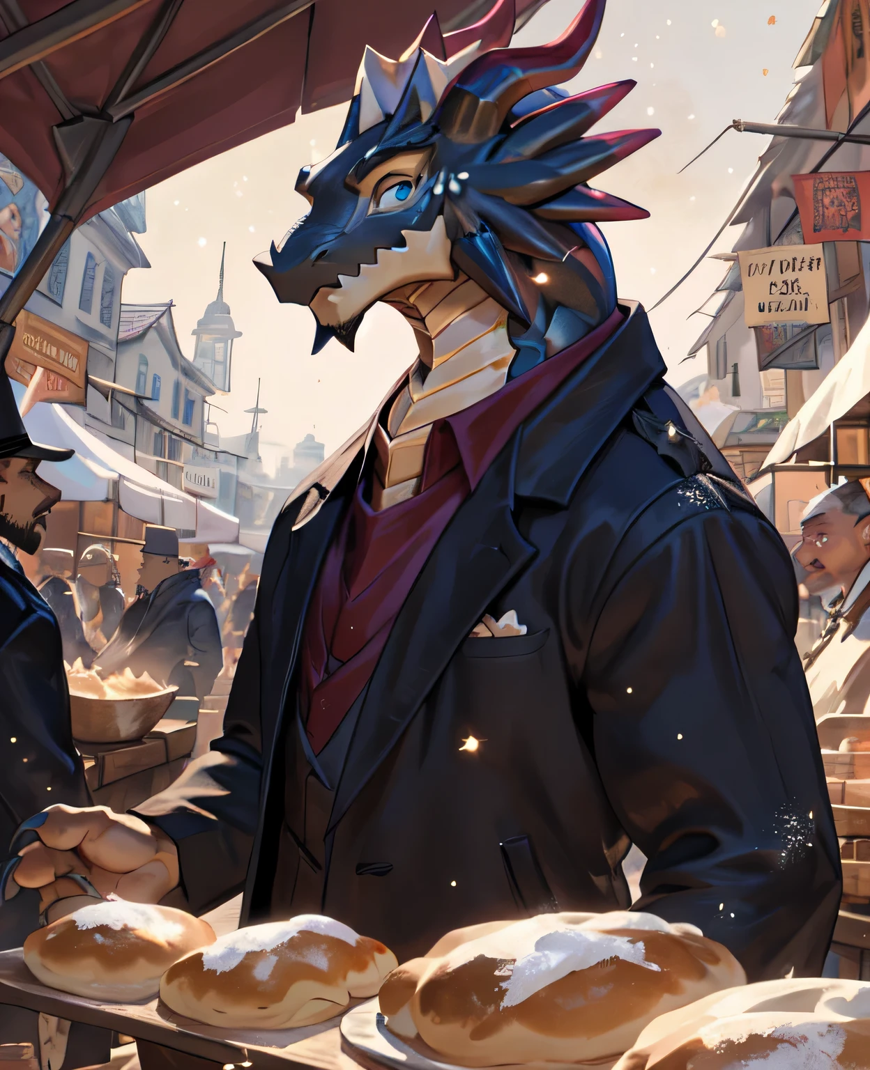 Dough, chef&#39;artwork, official art,  dragon, horn, queue, layer, muscle, fort, I, no, coat, dequeueed eyes, Upper Body, (Half-length portrait), market, bain ther male, Light Particles, Pino Deheny, Michael & Inessa Garmash, Yes，（Hands are claws），dragon claws