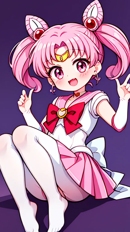 Sailor Moon,young年,Seven years old,cute,(Little ),Pink hair twintails,short hair,Sailor Suit,red bow,White elbow gloves,Red Skirt,no shoes,Open your mouth,laughing out loud,Fangs,(White pantyhose),soles of feet,Soles,(young),(The body is small and delicate)