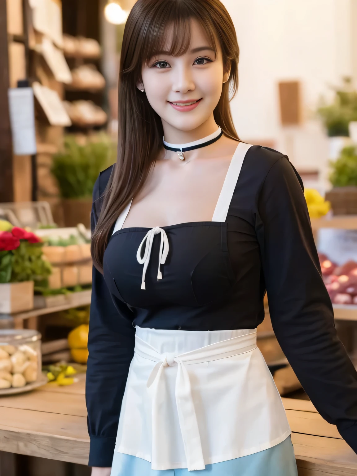 highest quality,masterpiece,Ultra-high resolution, (Realistic:1.4), girl, 18-year-old, (Firm breasts:1.2),  (Slim face:1.2, Narrow waist, Thin legs), Charm,  look at each other, Dynamic Shot, (black choker) , Long sleeve, (bangs), Blue Contact Lenses, smile, Big Breasts, ((apron))、very long eyelashes, ((market)), (Nipples:-1)