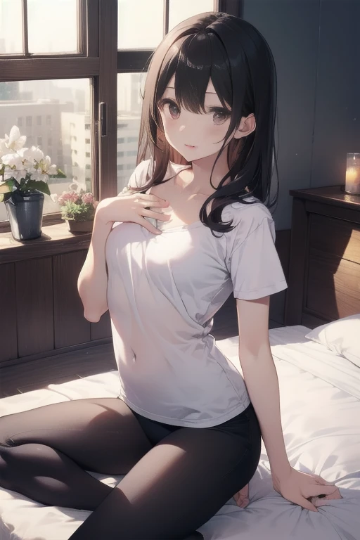 highest quality、Complete limbs、Full Finger、goddes、god、Slender beauty、Straight Hair、Long Hair、Knee-length、underwear、Small eyes、On the bed、sitting cross-legged、