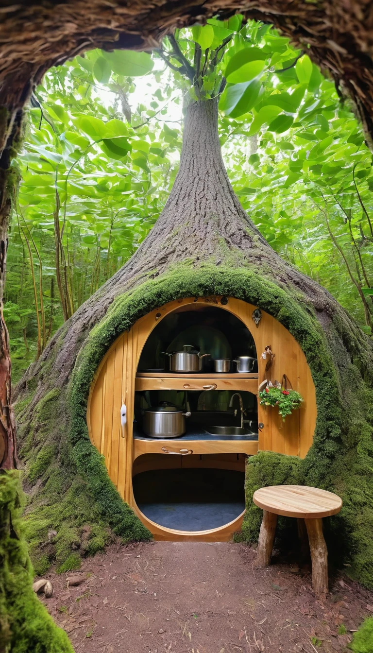 (Inside the tree:1.2), Magical fairytale forest, There is a cozy kitchenette inside