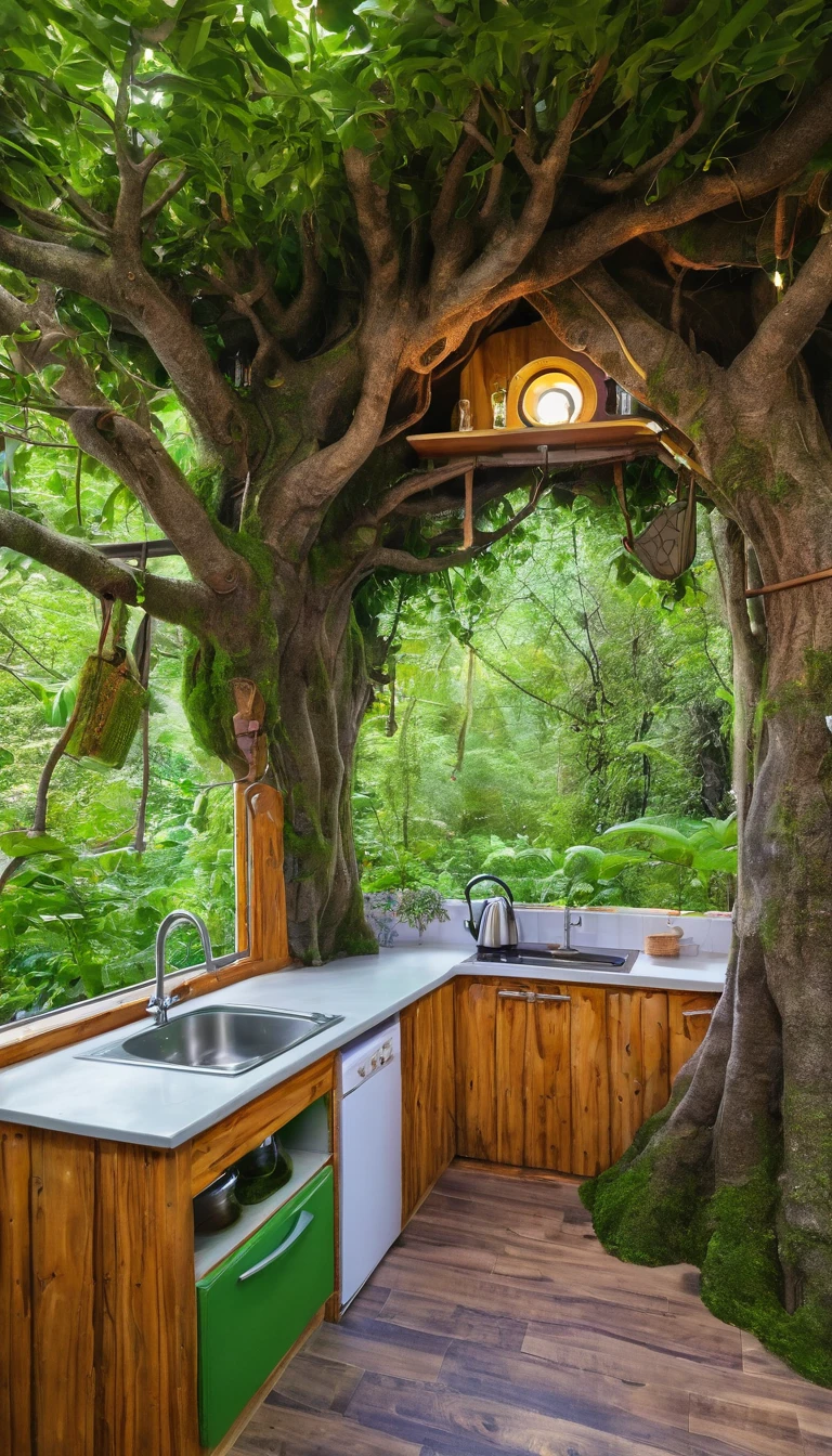 (Inside the tree:1.2), Magical fairytale forest, There is a cozy kitchenette inside