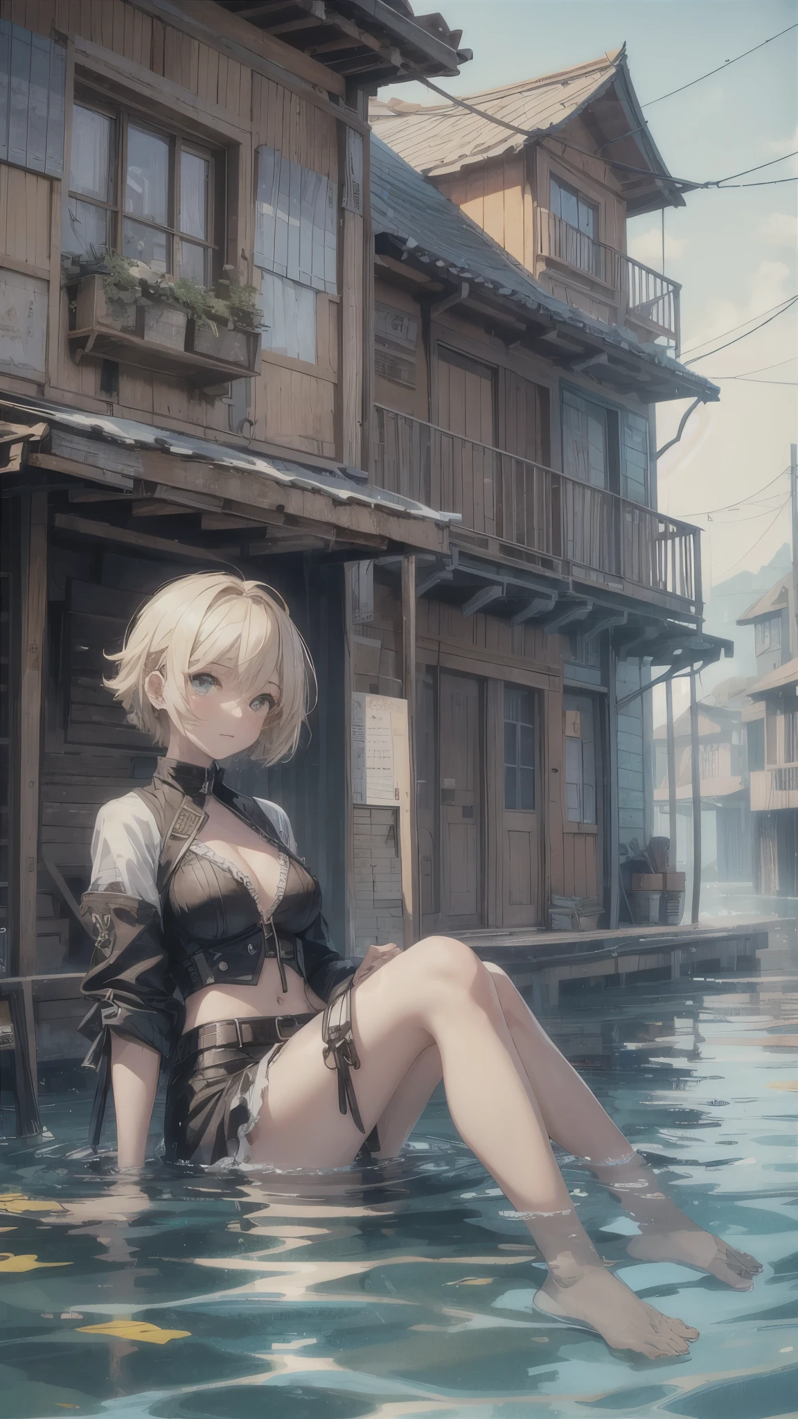 Outside the submerged city,floating houses,collapsed houses,one 20years old woman,blonde short hair,sitting on the floating house
