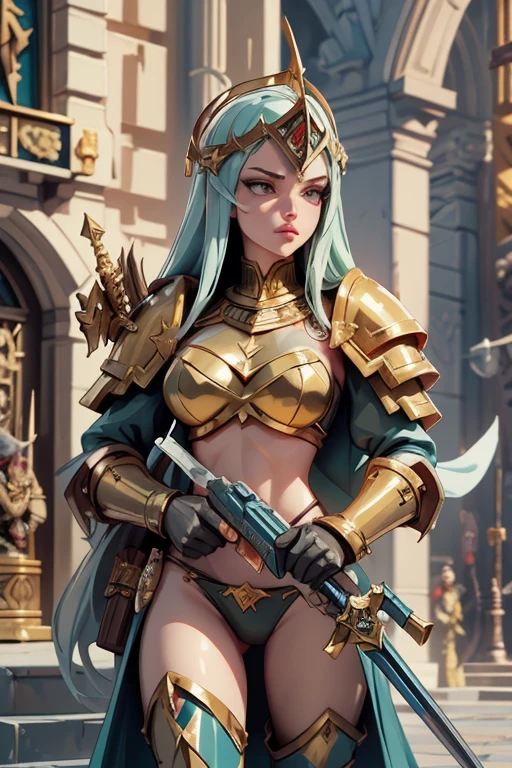 Warhammer 40000, adeptus custodes, imperio del hombre, futuro, armadura bikini dorada, armadura de placas, gothic church type background, mujer, combat position, wield spear-bolter