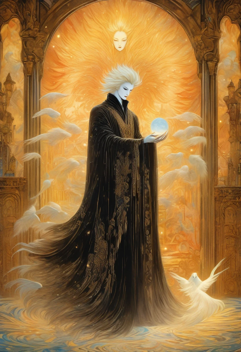 best quality,4k,8k,highres,masterpiece:1.2,ultra-detailed,realistic:1.37,HDR,UHD,ultra-fine painting,sharp focus,tarot card frame, (surrounded by tarot card style frame:1.37),Cinematic Shot,dynamic pose,(A sandman, the God of dreams, inside his dreamlike palace, in the ethereal realm of dreams, surrounded by the mystical and ghostly dimensions.), (He is manipulating magical dust, creating illusions that transcend reality.), (His appearance features pale skin and wide, mesmerizing eyes.),(his mantle is completely made of black feathers sewn together:1.4), (The artwork is inspired by a sci-fi aesthetic, with a dreamlike atmosphere reminiscent of Yoshitaka Amano's unique style.), (ghostly figures can be seen wandering in the background), (The colors are vivid and surreal, with a focus on mysterious lighting and rich hues.), (The image quality is of the highest standard, with an ultra-detailed and sharp focus to capture every intricate detail.), (The overall result is a masterpiece, showcasing the artist's skill in creating a mesmerizing portrayal of the Sandman and the dream realm.), sci-fi, Cinematic