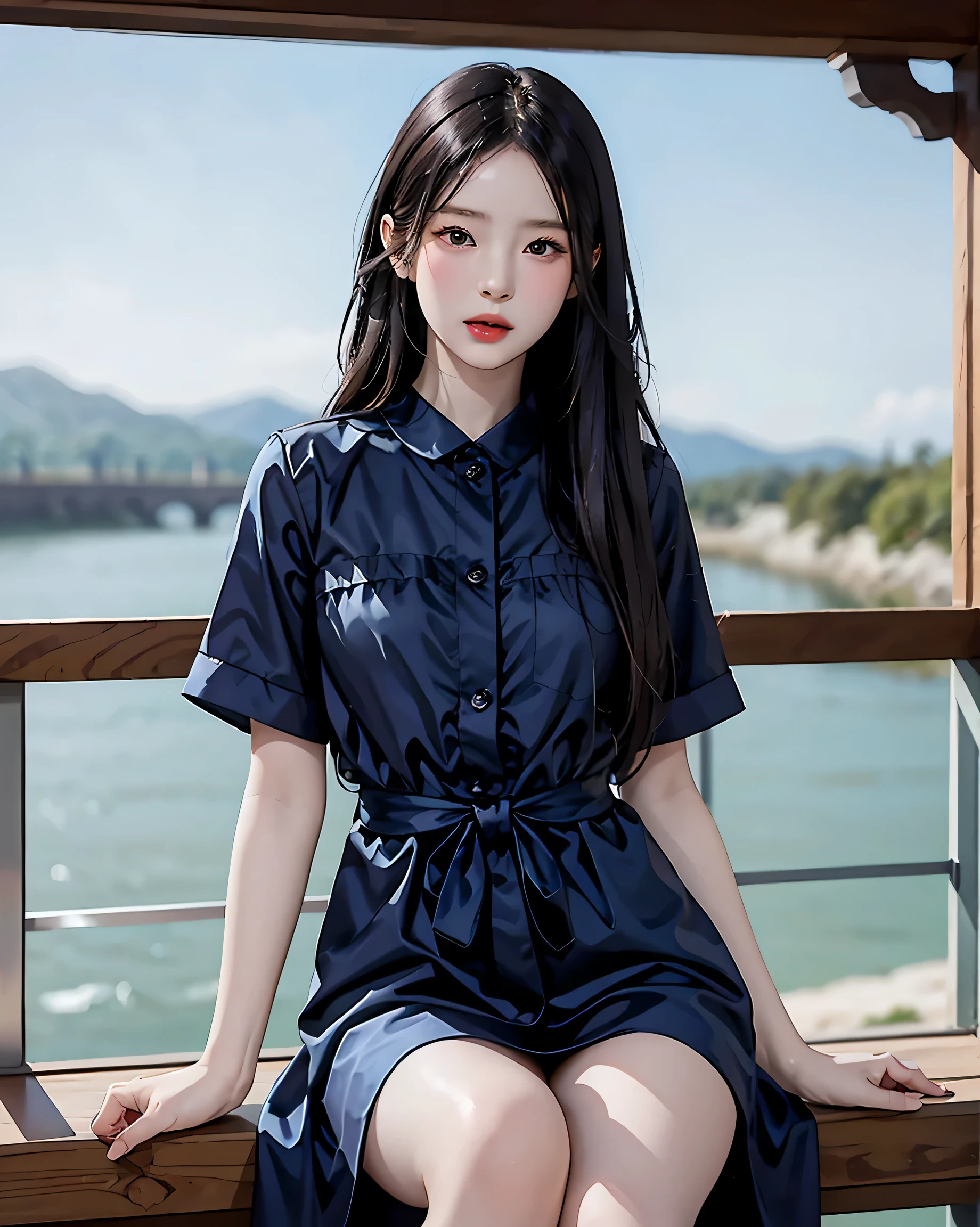（Enrich your photoasterpiece quality）Beautiful 8K CG artwork，Goddess-like posture，Sit by the river，Posture Exercises，Slim and soft，Clear skin，Redhead、The beauty of super long hair, Super long straight hair，The skin is white and juicy，Big Breasts Underwear Uniform，Point of View Part 1.Silhouette effect is doubled，Exquisite transparent blue pattern on pajamas，Every detail is carefully crafted，the background is a little blurry，Attractive and seductive legs temptation，Drooling，Big Breasts，blush，Japanese Goddess，Perfect body slim curves，seaside scenery，