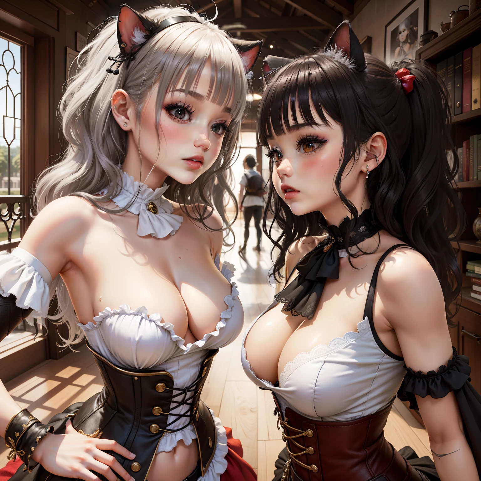 una cara de bebe,Por flequilne of sight is correct,Lower the corset completely,Many drops of sweat, pelo largo negro con orejas de gato y ojos rojos