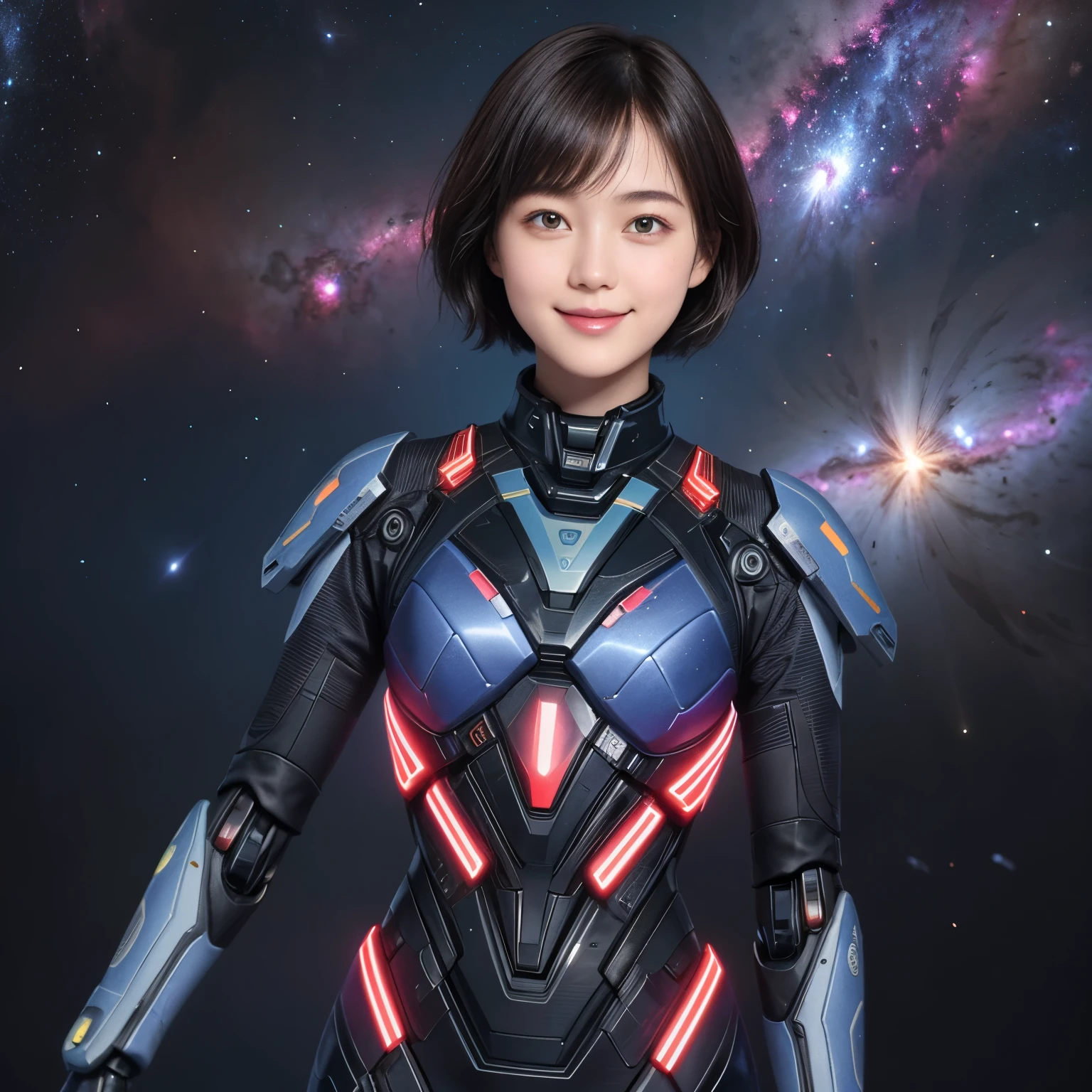 211 Short Hair, 20-year-old woman, Floral, A kind smile, Futuristic clothing, Mechanical Suit, (The background is a galaxy and nebula), (Top and bottom separate clothes)
