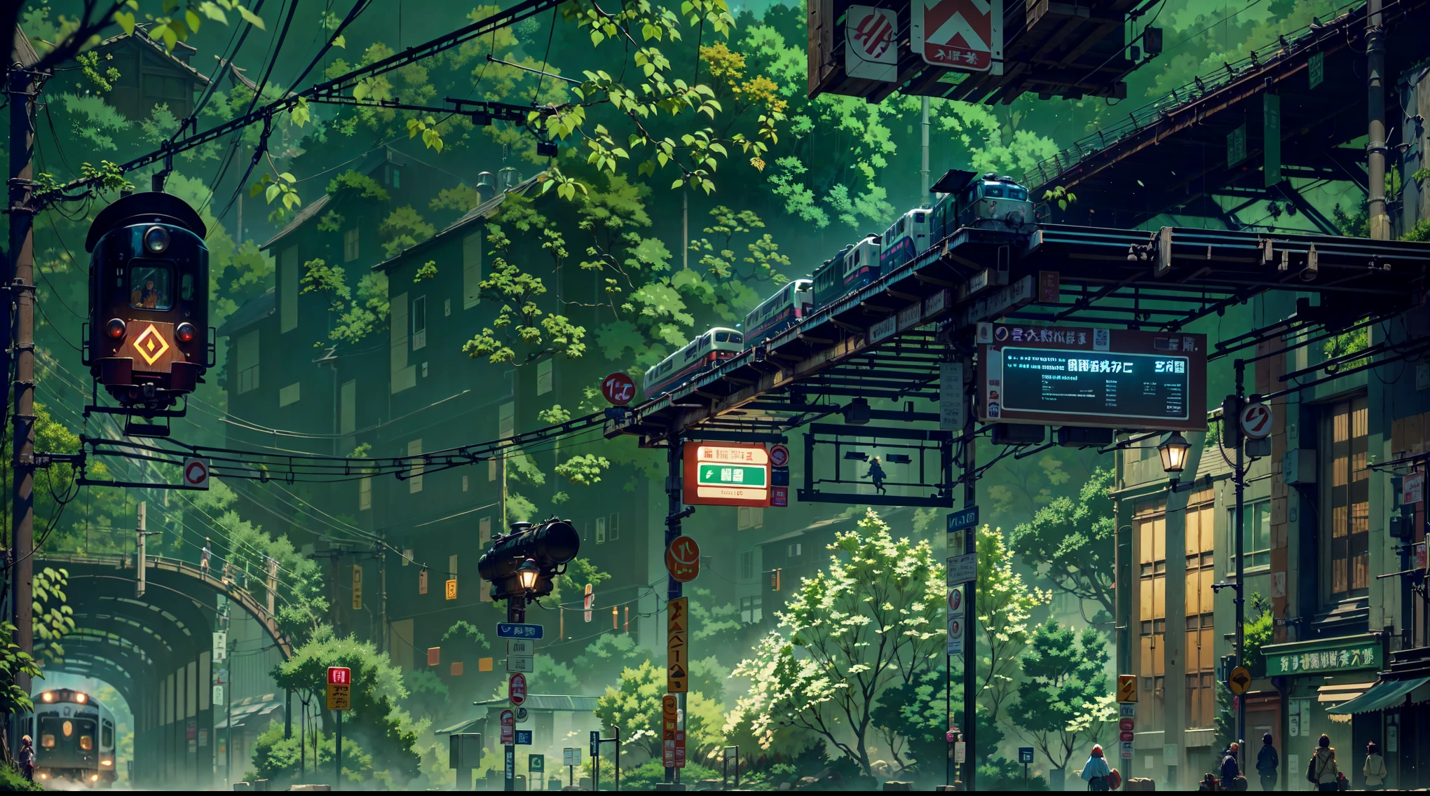 there is a train coming down the tracks at a station, station background, Highly detailed scenes, Beautiful anime scene, Anime Background Art, beautiful and detailed scenes, Awesome Wallpapers, Amazing digital art with great attention to detail, Andreas Rocha Style, Beautifully detailed pixel art, station, Tokyo Anime Scene, Very fine touch, Studio Ghibli and Dan Mumford, Beautiful Wallpapers
