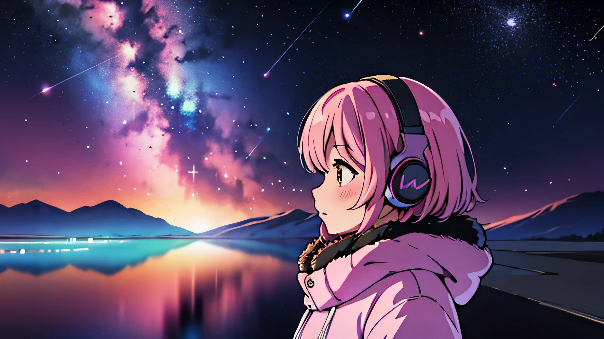 master piece, City Pop style, girl, Pink Hair, alone, wearing headphones, blush,  Salar de Uyuni, Milky way, colorful lighting, from side