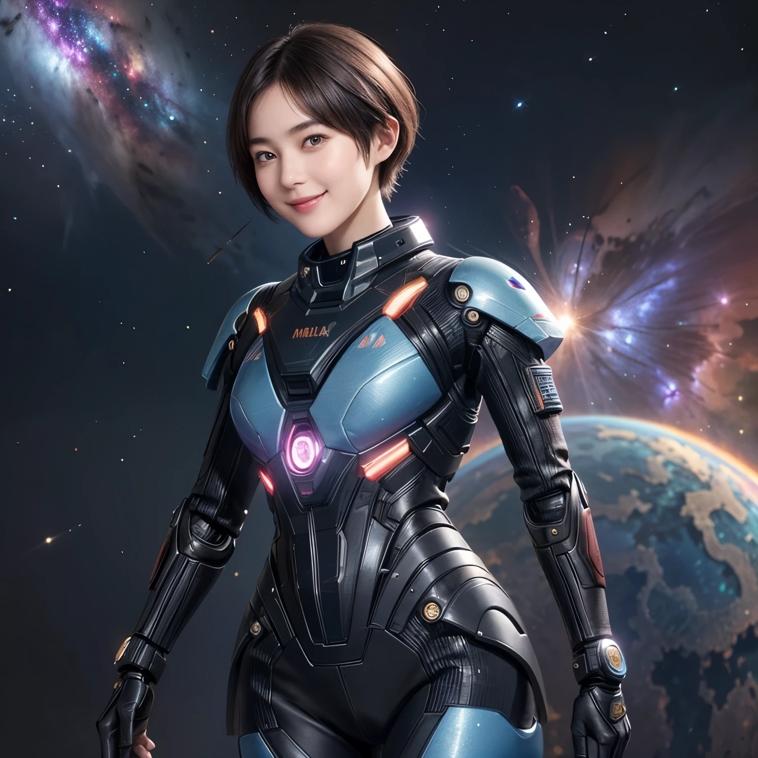 211 Short Hair, 20-year-old woman, Floral, A kind smile, Futuristic clothing, Mechanical Suit, (The background is a galaxy and nebula), (Top and bottom separate clothes)