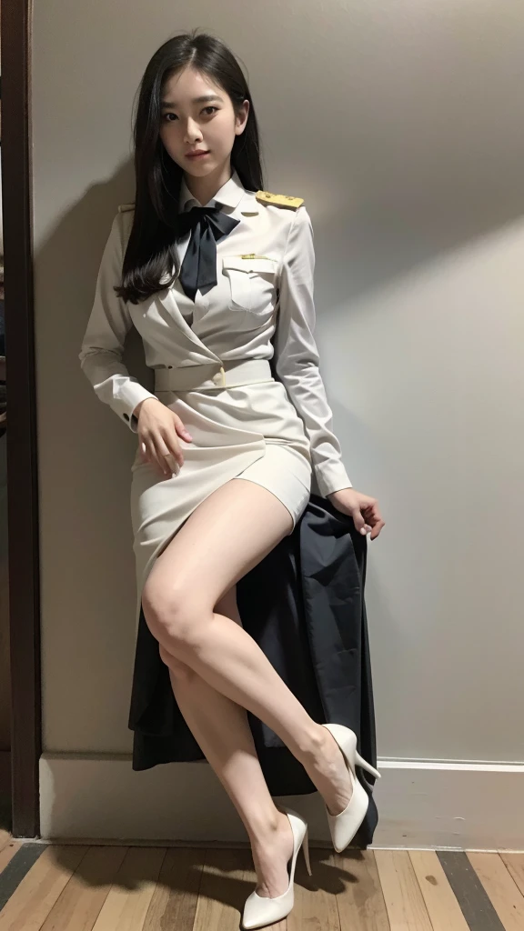 Beautiful girl with two meter long hair, long black hair, สวมsuitนักธุรกิจหญิง, business suit, Wear a suit and tie, สวมsuit over it., Two-button style, white korean style suit, (White women&#39;suit), (white shirt), black tie, (Thai women&#39;black tie), (Military rank insignia), (white short skirt), tight, pencil skirt, (Dynamic posts), Full body, (big breasts, Thin body, small waist, hips raised, small thighs, Long legs), A gigantic rift, black high heels, 