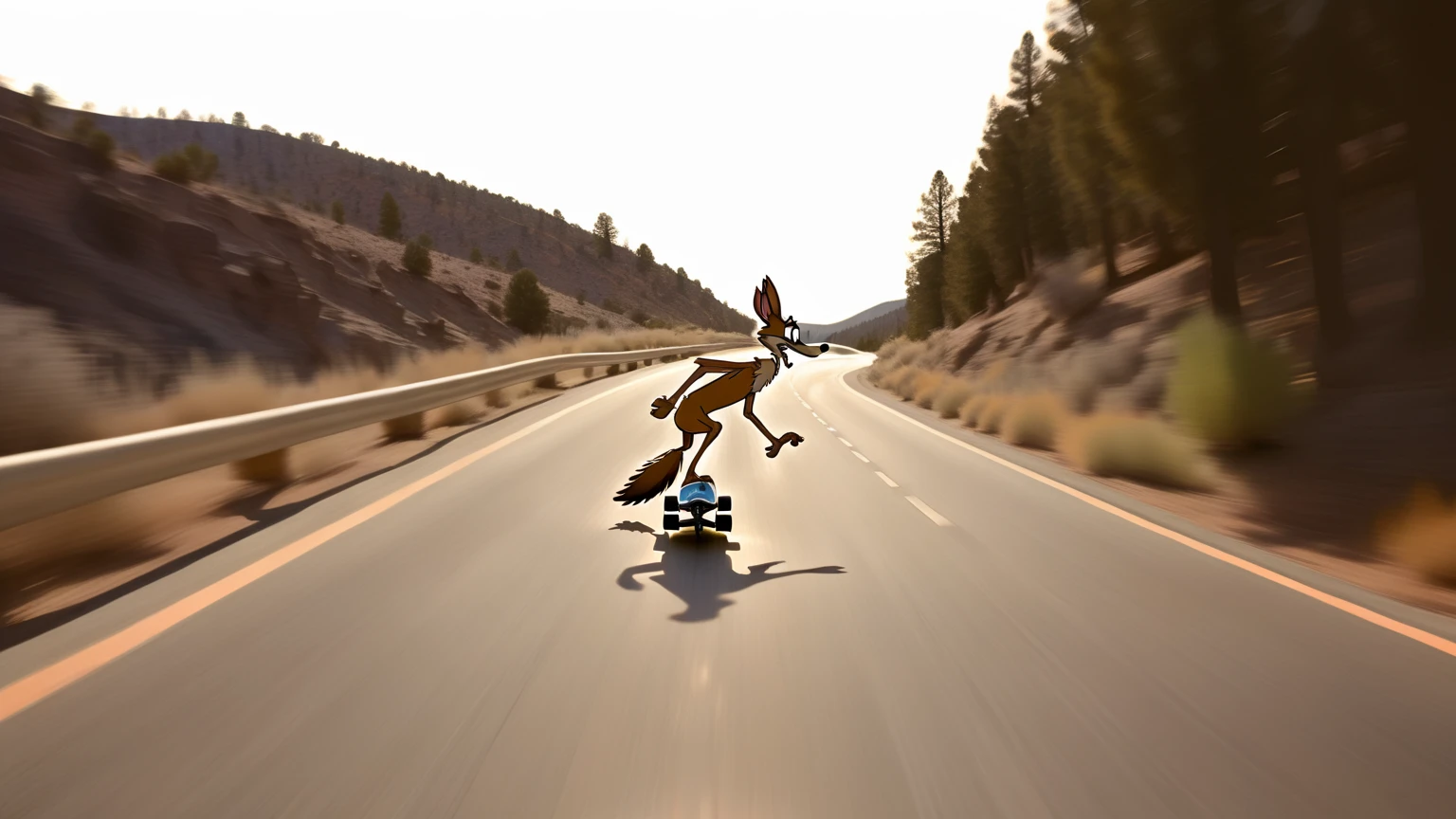 longboarding, downhill, motion blur, sense of movement and energy, Wile E. Coyote and the Road Runner, Wile Coyote on a longboard, keeping pace with Roadrunner who is running on the road, hand drawn Chuck Jones style reference, negative inverted colors, thermal iridescent effect,
