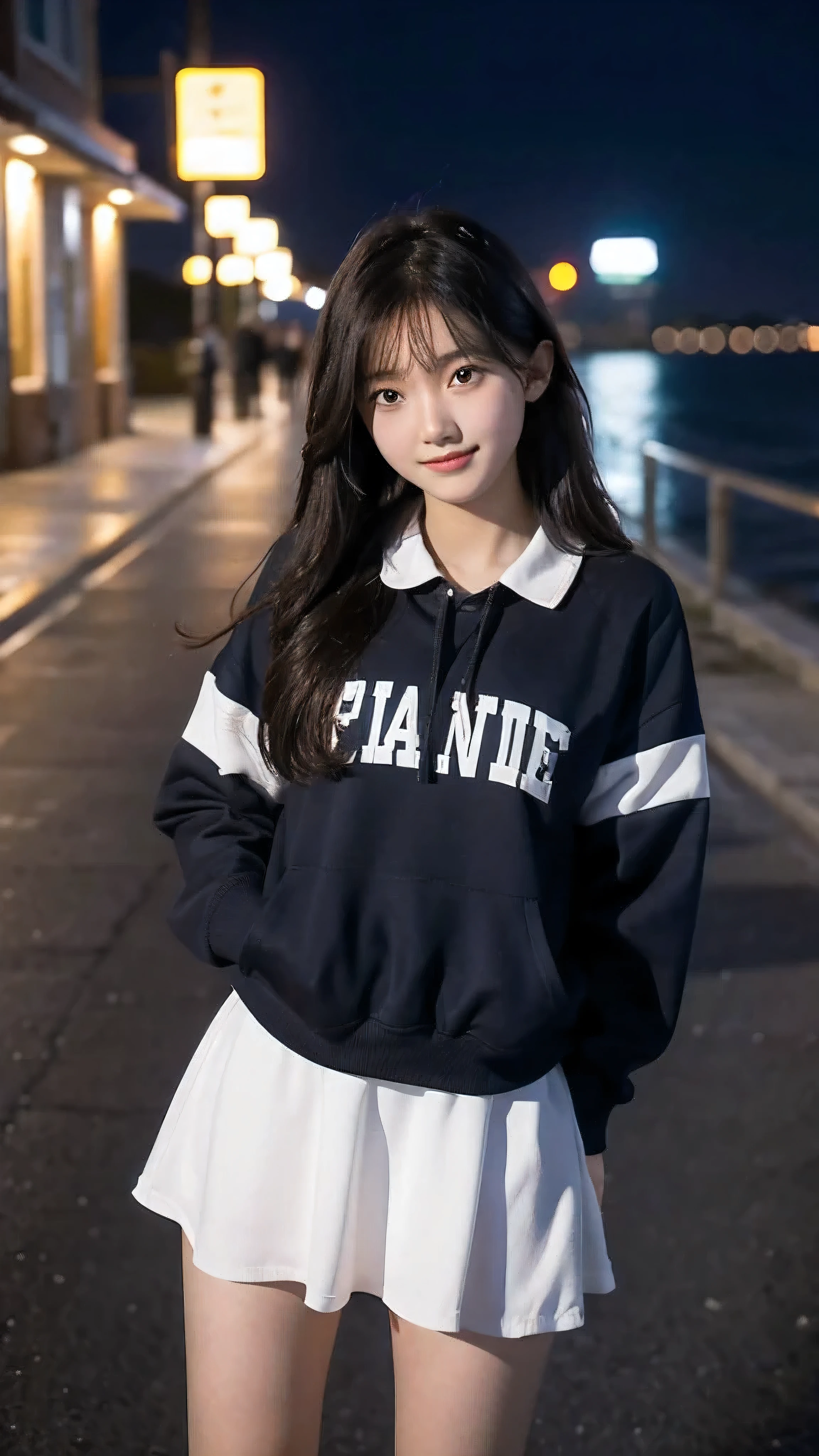 First-person perspective,a female high school student,at the seaside,night,wearing jk,charming