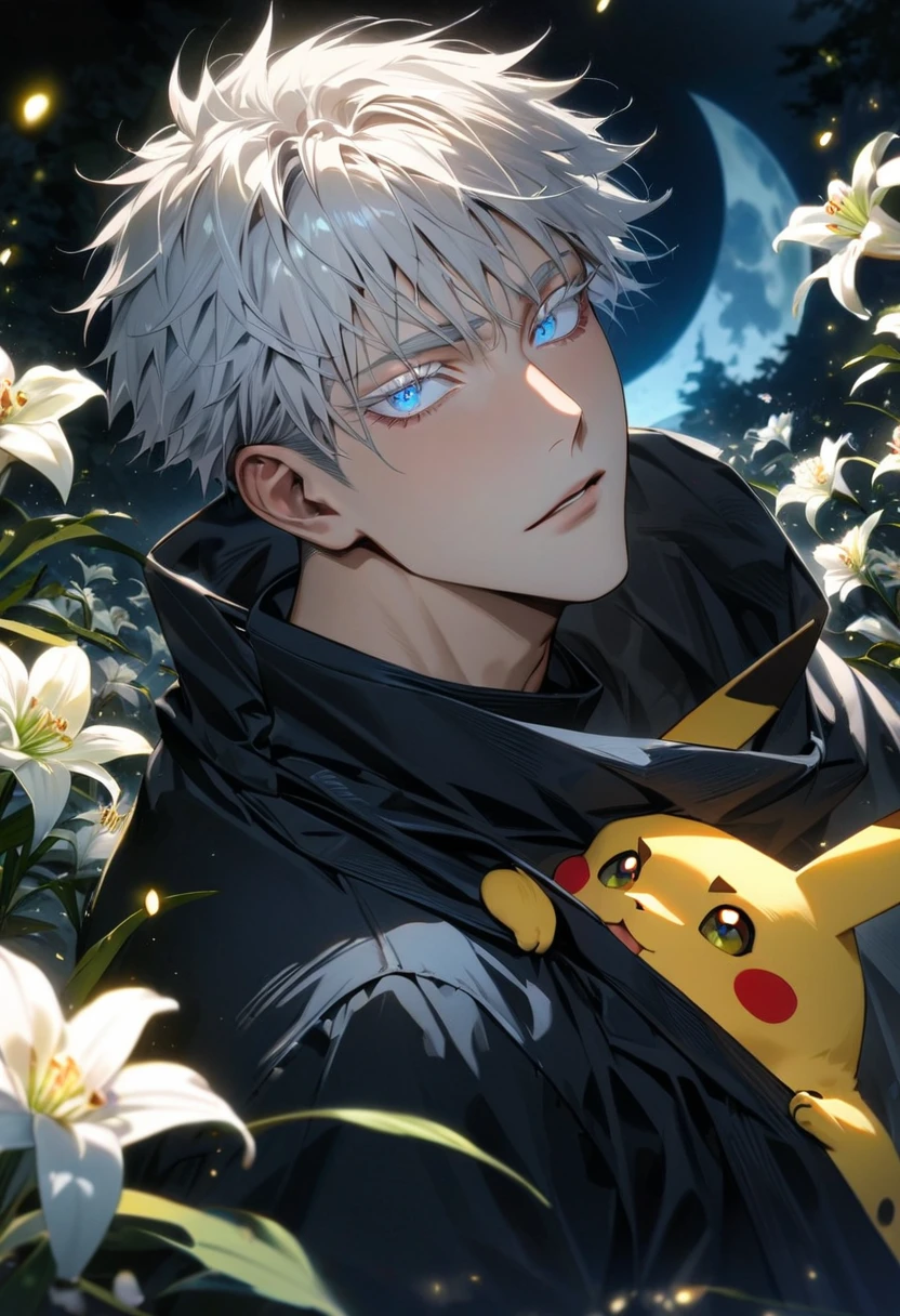 absurdres, highres, ultra detailed, HDR, master piece, best quality, Gojo Satoru, white hair with bangs, expressive blue eyes, white eyelashes, Jujutsu Kaisen, 1man, handsome, holding Pikachu, petals, white lilies, moon, fireflies