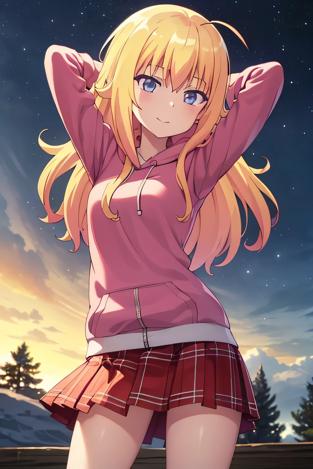 (extremely detailed CG unity 8k wallpaper), (masterpiece), (best quality), (ultra-detailed), (best illustration), (best shadow), (absurdres), 1girl, solo, gabriel white tenma, messy hair, ahoge,red bow, plaid skirt, pink hoodie, arms behind head, closed mouth, night sky, forest, spread armpits, contrapposto, (cowboy shot:1.5), blush, expressionless, smile,