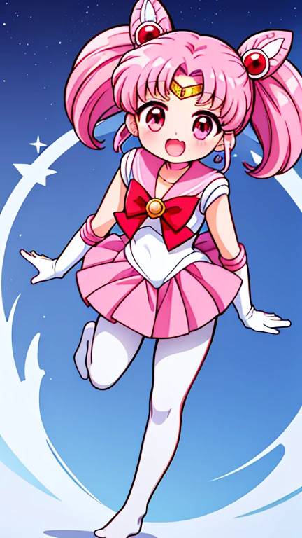 Sailor Moon,young年,,cute,(Little Loli),Pink hair twintails,short hair,Sailor Suit,red bow,White elbow gloves,Red Skirt,no shoes,Open your mouth,laughing out loud,Fangs,(White pantyhose),soles of feet,Soles,(young),(The body is small and delicate)