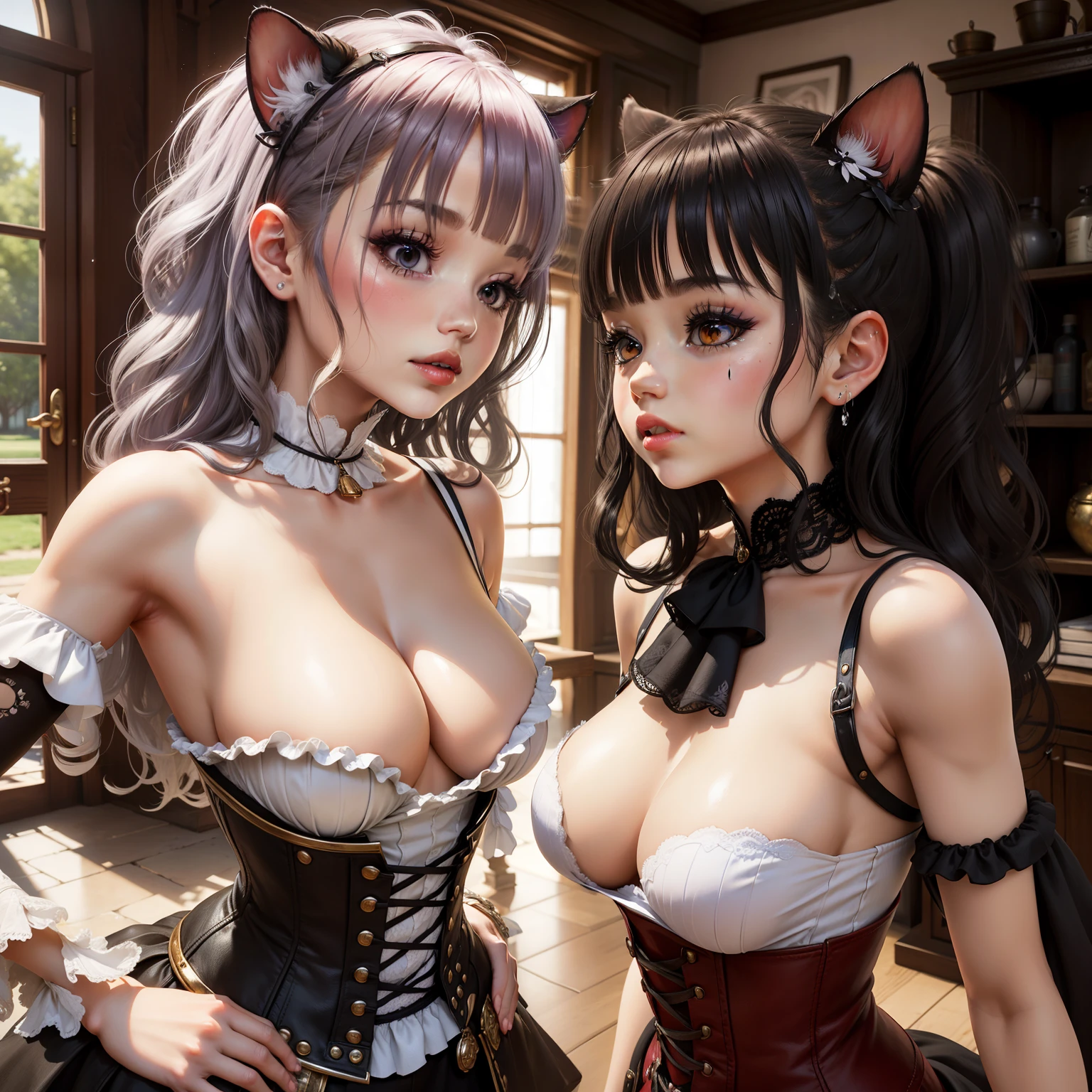 una cara de bebe,Por flequilne of sight is correct,Lower the corset completely,Many drops of sweat, pelo largo negro con orejas de gato y ojos rojos