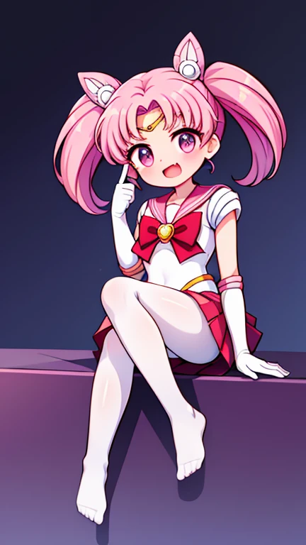Sailor Moon,young年,Seven years old,cute,(Little ),Pink hair twintails,short hair,Sailor Suit,red bow,White elbow gloves,Red Skirt,no shoes,Open your mouth,laughing out loud,Fangs,(White pantyhose),soles of feet,Soles,(young),(The body is small and delicate)