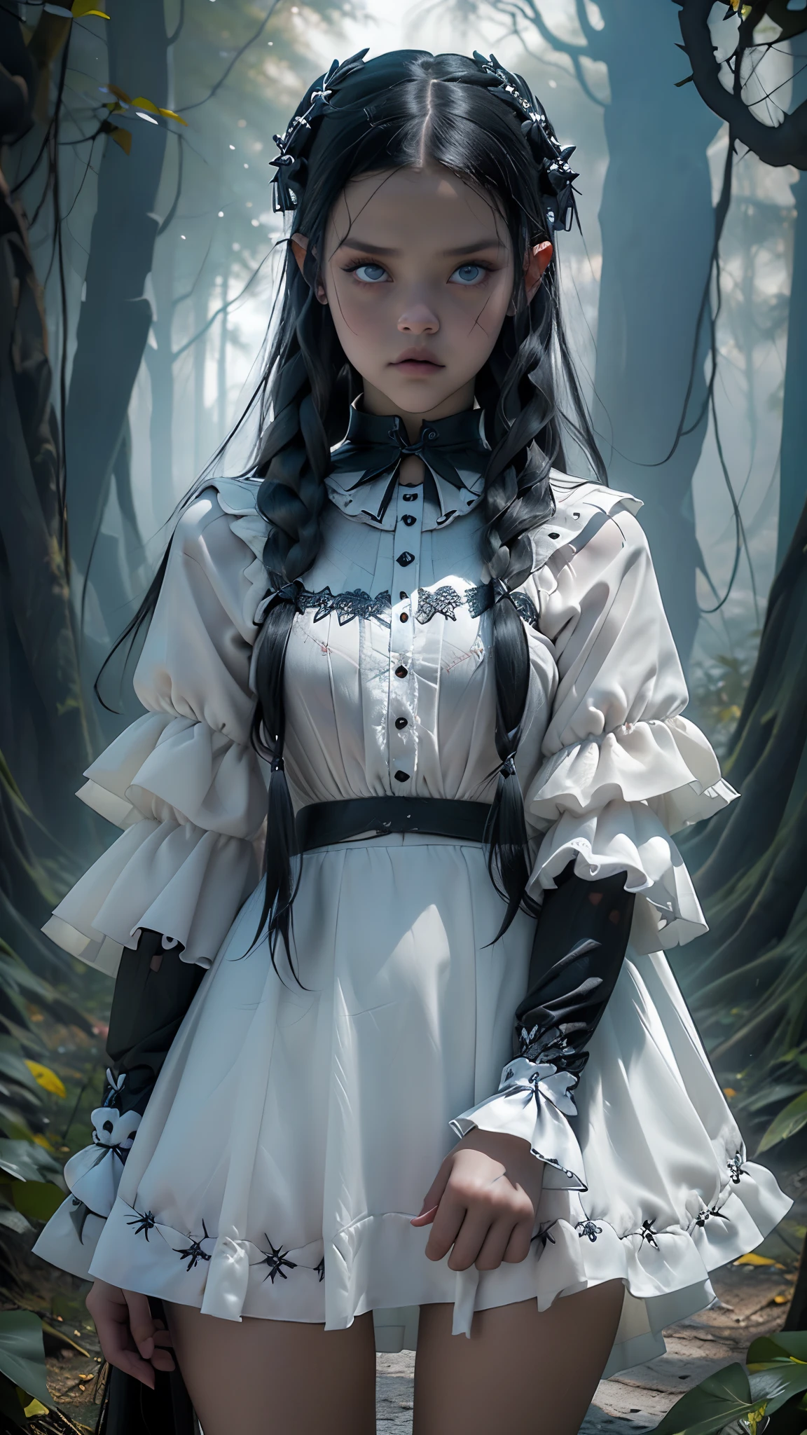 Jenna Ortega as Wednesday Addams, con vestido corto ta white , (fondo bosque tenebroso rojo:1.4) , puntaje_9, puntaje_8_arriba, puntaje_7_arriba, puntaje_6_arriba, classification_explicit, 1 chica, ((18 years:1.2)), adulto, labios llenos, grandes ojos claros, ojos azul claro, ((pelo rubio:1)), (cabello ondulado largo: 1.2),(Jenna Ortega as Wednesday Addams:1.4), (Jenna Ortega as Wednesday Addams V2.1), (Detalles de la cara: 1.5, ojos azules brillantes, hermoso rostro, ojos bonitos, Iris lining, labios delgados: 1.5, delgado, pale and sharp eyebrows, Largo, dark eyelashes, double tabs),(skulls on the floor), (mostrando panties :1.4), (fondo bosque tenebroso :1.4),( pechos perfectos), (pezon hermoso), (vestido white Loliorto :1.4), (fondo bosque tenebroso rojo :1.4), ( Wednesday Addams:1.4)