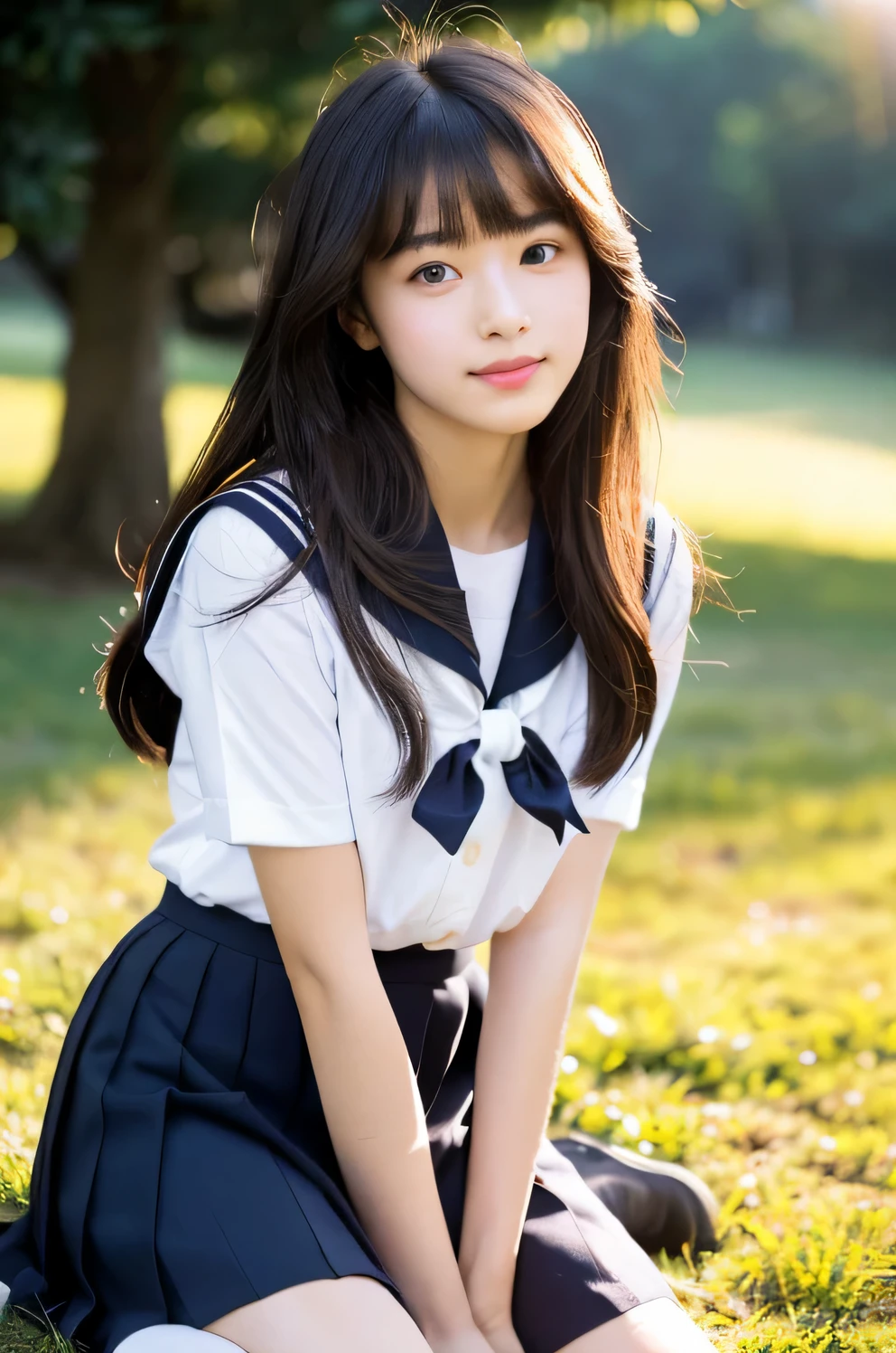 ((highest quality)), ((masterpiece)), (detailed), Perfect Face　(One 12-year-old Japanese junior high school girl)　(Her hair is very black and detailed.　Very shiny and glossy black hair　The hair is thick and has a lot of volume.　Extremely long, beautiful hair that reaches down to her chest and is abnormally curly　Her hair is as black and shiny as a hair model&#39;s.)　(A neatly trimmed, straight, princess-cut bangs)　(The most beautiful face of a Japanese junior high school girl and her mature, professional makeup　Lipstick is light red)　(Real photos taken by professional photographers using high-end SLR cameras:1.3)　(Ample breasts)　(A junior high school girl in a sailor uniform and a navy blue mini pleated skirt)　(Professional lighting puts the spotlight on her)　(She has the face of a woman who seduces men.)　(This is a clear, windy day in the grassland at dawn.、Her hair is fluttering)　(She is a random model sitting pose)　
