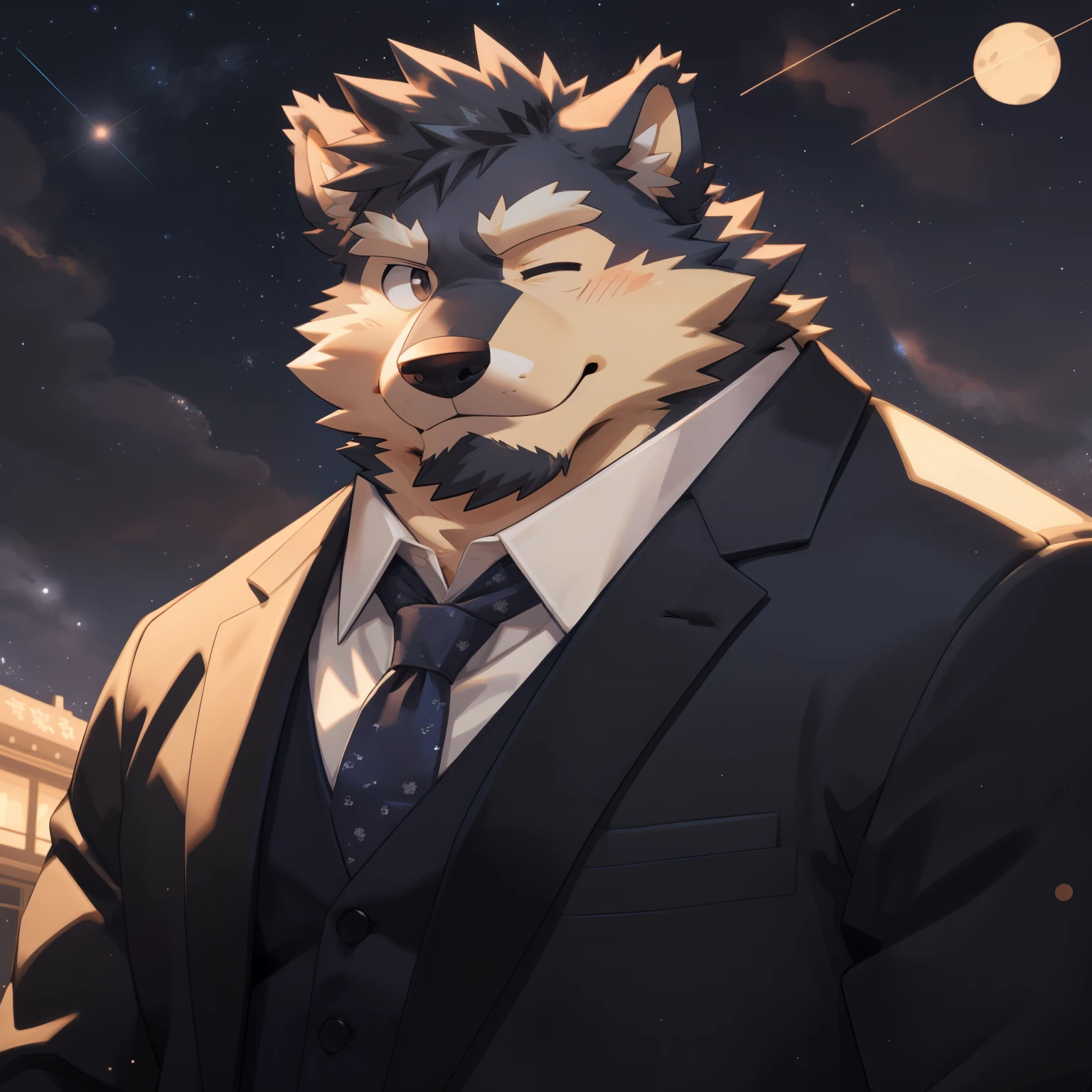 Scribble 德国牧羊dog face,Cute face,Humanity(dog),(Suit:1.3),Chubby,(white eyebrows:1.1),（With one eye closed:1.2）,(perfect black eyes), Starry sky background,print style。（Artist:Takemoto Arashi）
