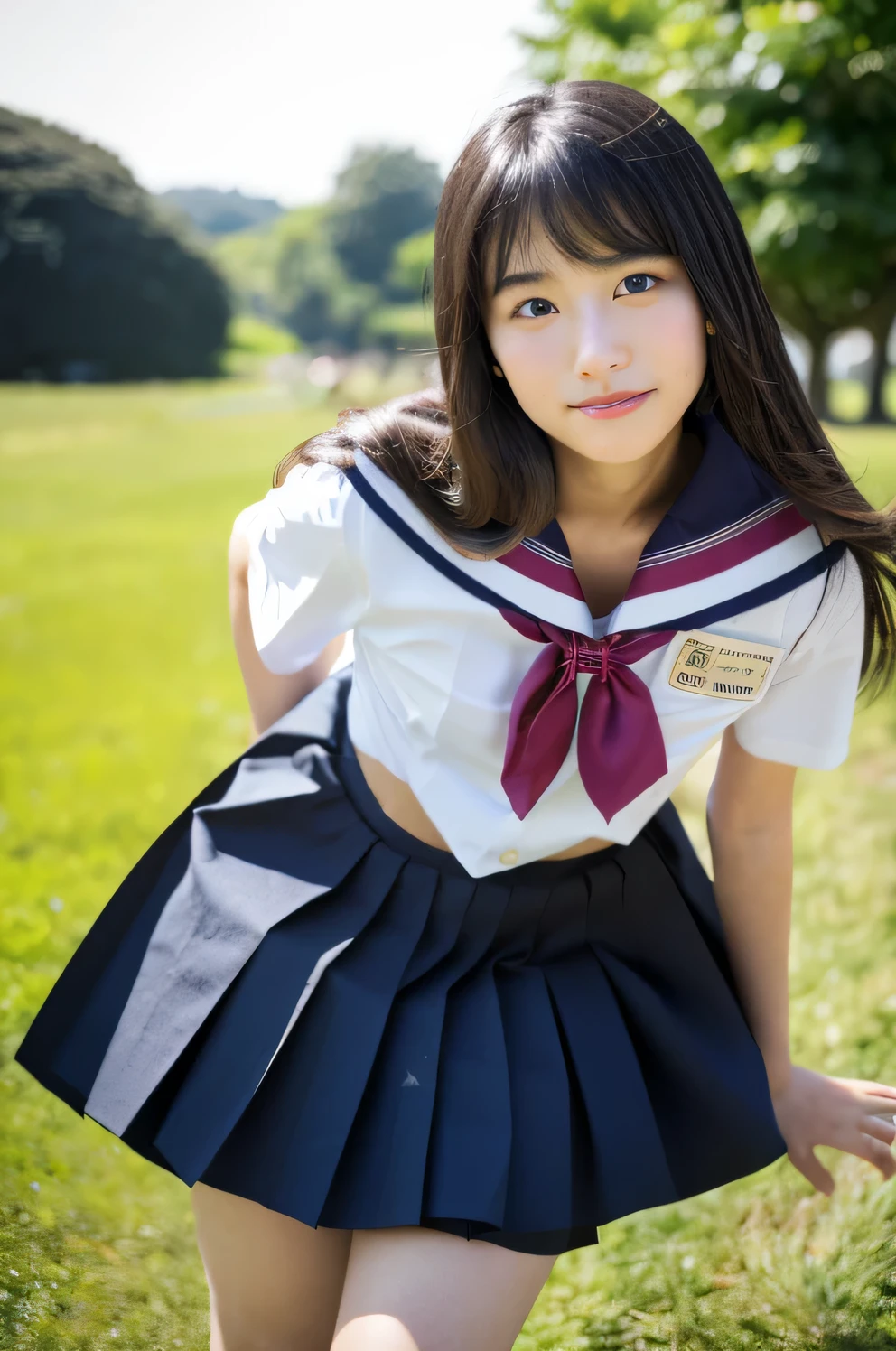((highest quality)), ((masterpiece)), (detailed), Perfect Face (One 12-year-old Japanese junior high school girl) (Her hair is very black and detailed. Very shiny and glossy black hair The hair is thick and has a lot of volume. Straight, extremely long and beautiful hair that reaches down to the chest Her hair is as black and shiny as a hair model's.) (Neatly trimmed straight bangs) (The most beautiful face of a Japanese junior high school girl and professional Kogal-style makeup Lipstick is light red) (Real photos taken by professional photographers using high-end SLR cameras:1.3) (Ample breasts) (A junior high school girl in a sailor uniform and a navy blue mini pleated skirt) (Professional lighting puts the spotlight on her) (She has a feminine face that invites the viewer in.) (This is a clear, windy day in the grassland at dawn.、Her hair is fluttering) (She's in a random pose)