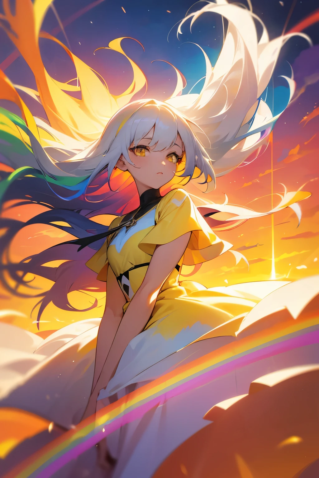 high resolution, Masterpiece, female, long hair, white hair, yellow eyes, rainbow dress, sunset, sky, floating, wind, ray trancing, close up, vibrant color, colorful paintes