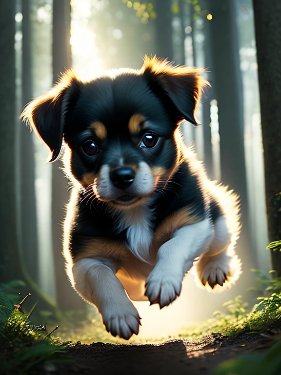 close up photo of a very cute jumping puppy in the forest, soft volumetric lights, (backlit:1.3), (cinematic:1.2), intricate details, (ArtStation:1.3), Rutkowski