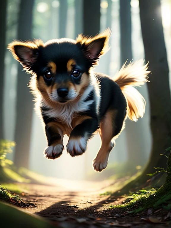 close up photo of a very cute jumping puppy in the forest, soft volumetric lights, (backlit:1.3), (cinematic:1.2), intricate details, (ArtStation:1.3), Rutkowski