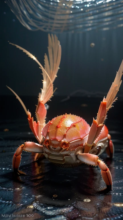 Photo RAW, (Black and pink, Portrait of a ghost crab, shining halo, Very detailed, Gold filaments, Complex subject matter, Organic Window Treatments, glowing stardust, perfect composition, Smooth, Sharp focus, Flash particles, Vivid coral reef background realistic, realism, HD, 35mm Photo, 16K), masterpiece, Award-winning photography, Natural light, perfect composition, High Detail, 超realism