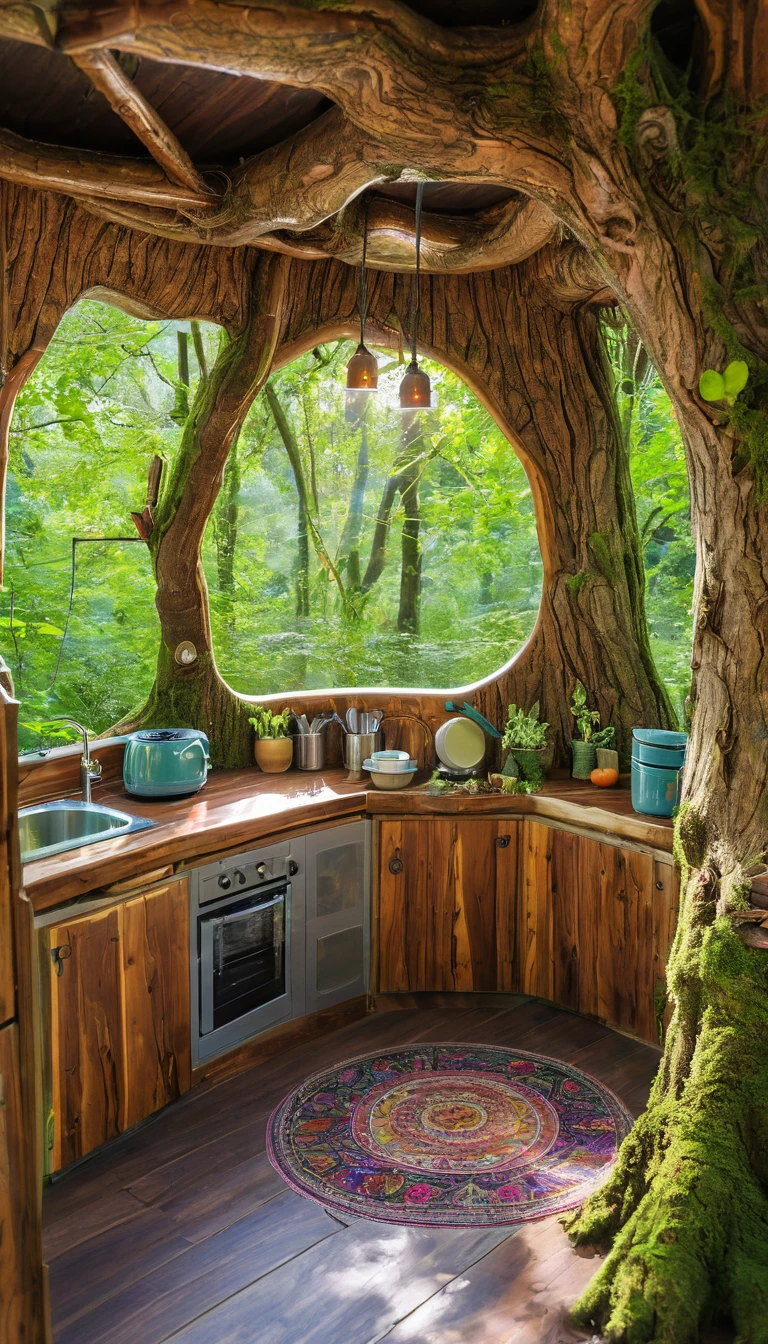 (Inside the tree:1.2), Magical fairytale forest, There is a cozy kitchenette inside