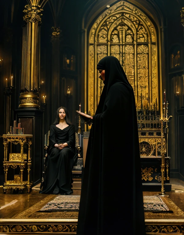 The precise style of Belgian painter Khnopff,Two beautiful Caucasian women facing each other,Black Magic Priest,In front of the golden altar, an ominous atmosphere hangs over,