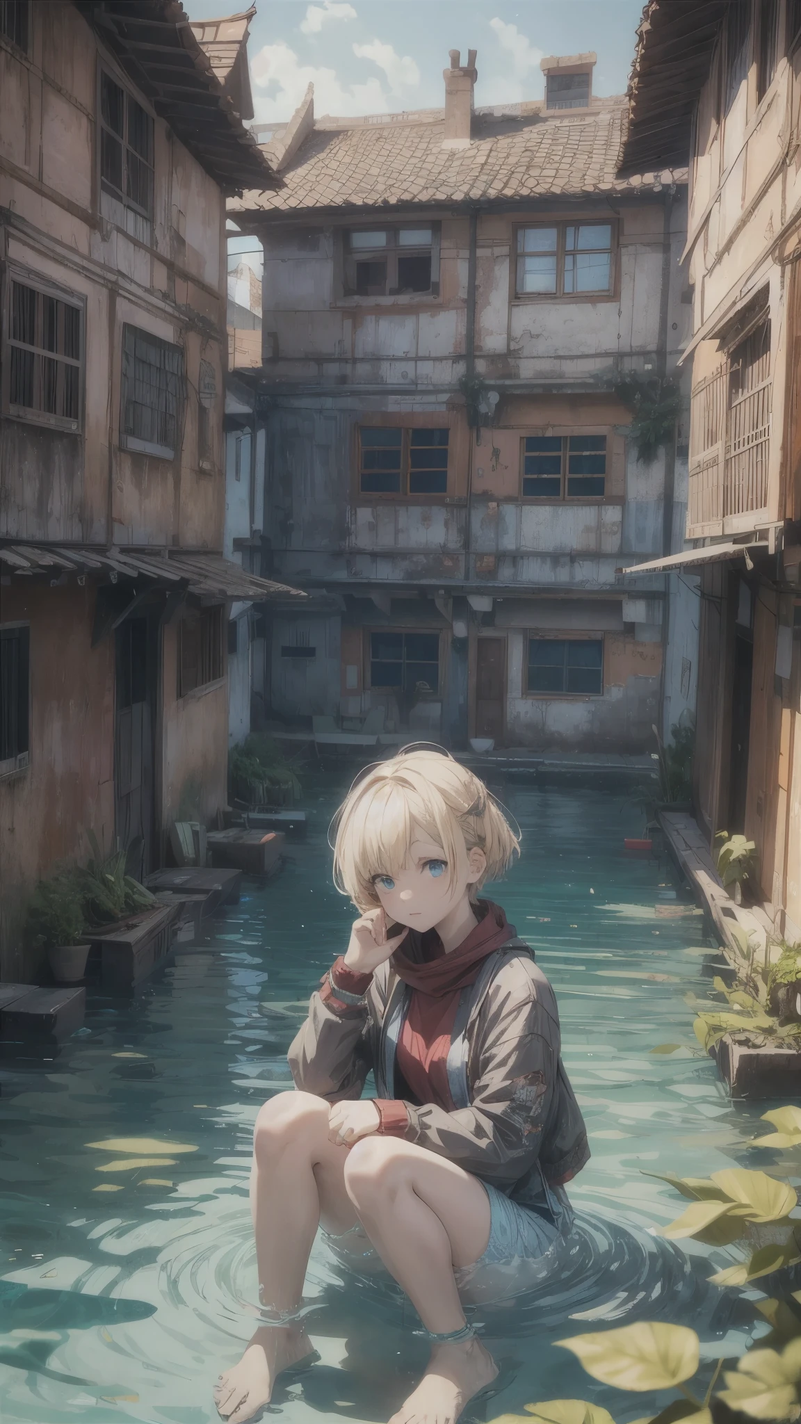 Outside the submerged city,ruins,floating houses,collapsed houses,one 20years old woman,blonde short hair,sitting on the floating house