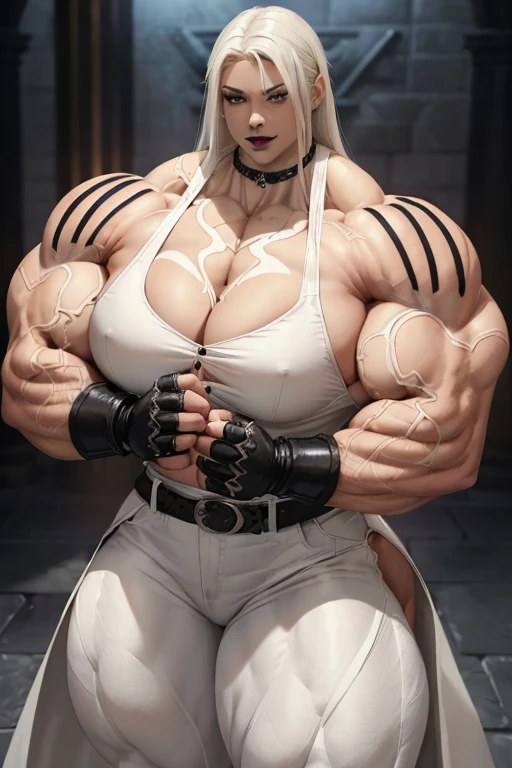 ((((Massive tall, beautiful, buff, light brown skinned muscular goddess woman with white hair, black lipstick, ginormous bulky muscles, wearing an half button down white long coat with black pants)))), close view, massive muscle, massive biceps, ginormous muscle arms, hyper muscle triceps, (long hair), blue eyes, choker, (chain belt), black boots, (black gauntlets), in an icy palace, flirtatious smile, night, hyper muscles arms, hyper muscle legs, (ginormous arms).