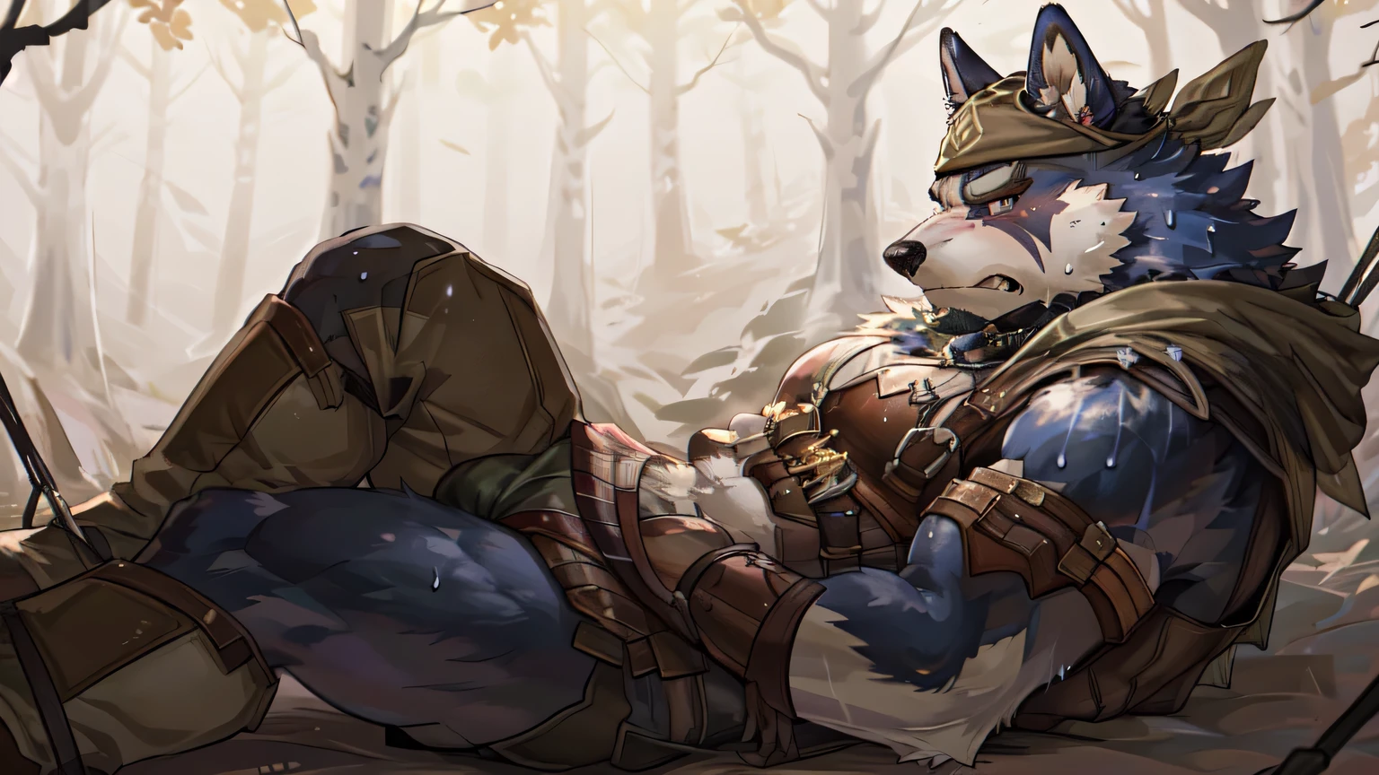 nsfw, ((High resolution, best quality, masterpiece, high detailed),
draw Volga, the main character from "Kemo Coliseum," as a male Nordic husky with a fluffy, high-quality coat and expressive facial features, ensure correct anatomical proportions and detailed eyes, he wears unconvincing armor and a bandana on his head, seen from the side in a nervous pose within a mysterious forest, emphasizing his anthropomorphic nature and fluffy tail, maintaining a kemono style.",
((((Sweaty)))), (angry), (blush), bound, restrained, lying on back, solo,