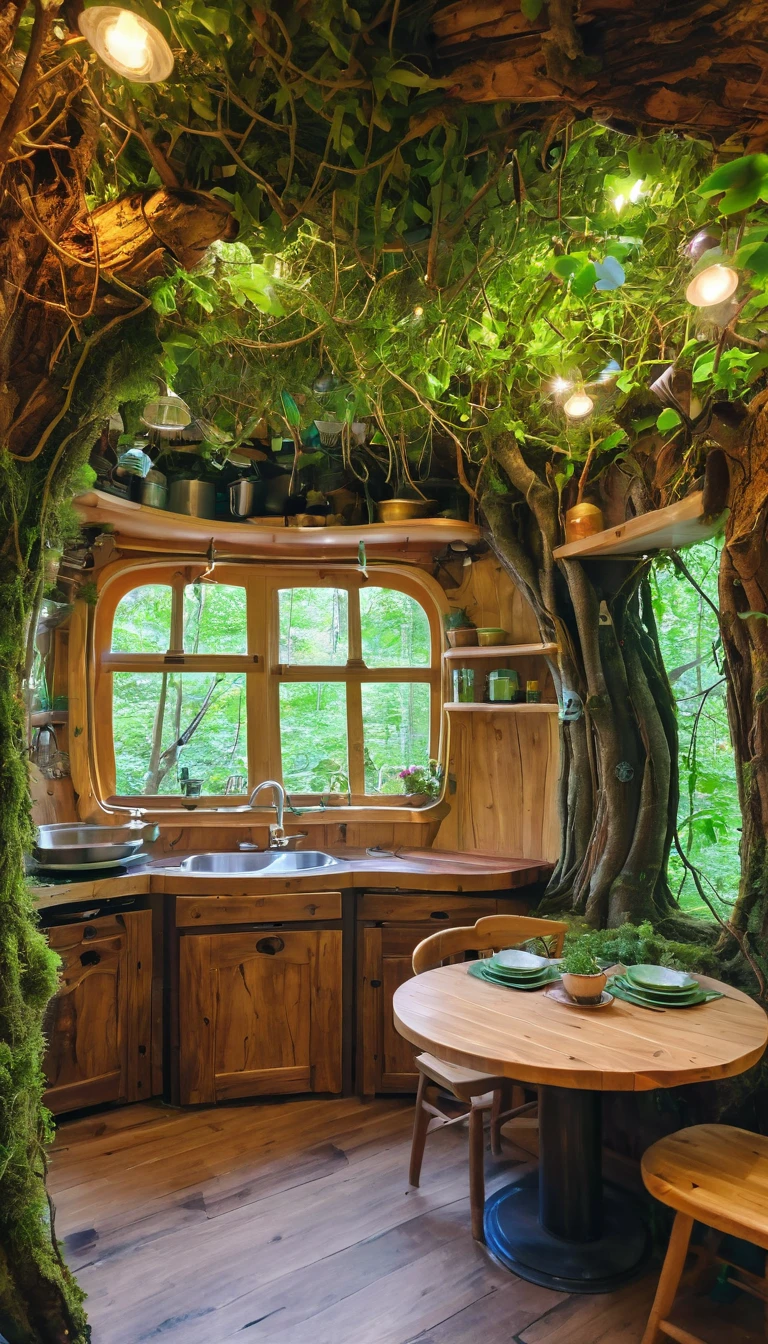 (Inside the tree:1.2), Magical fairytale forest, There is a cozy kitchenette inside