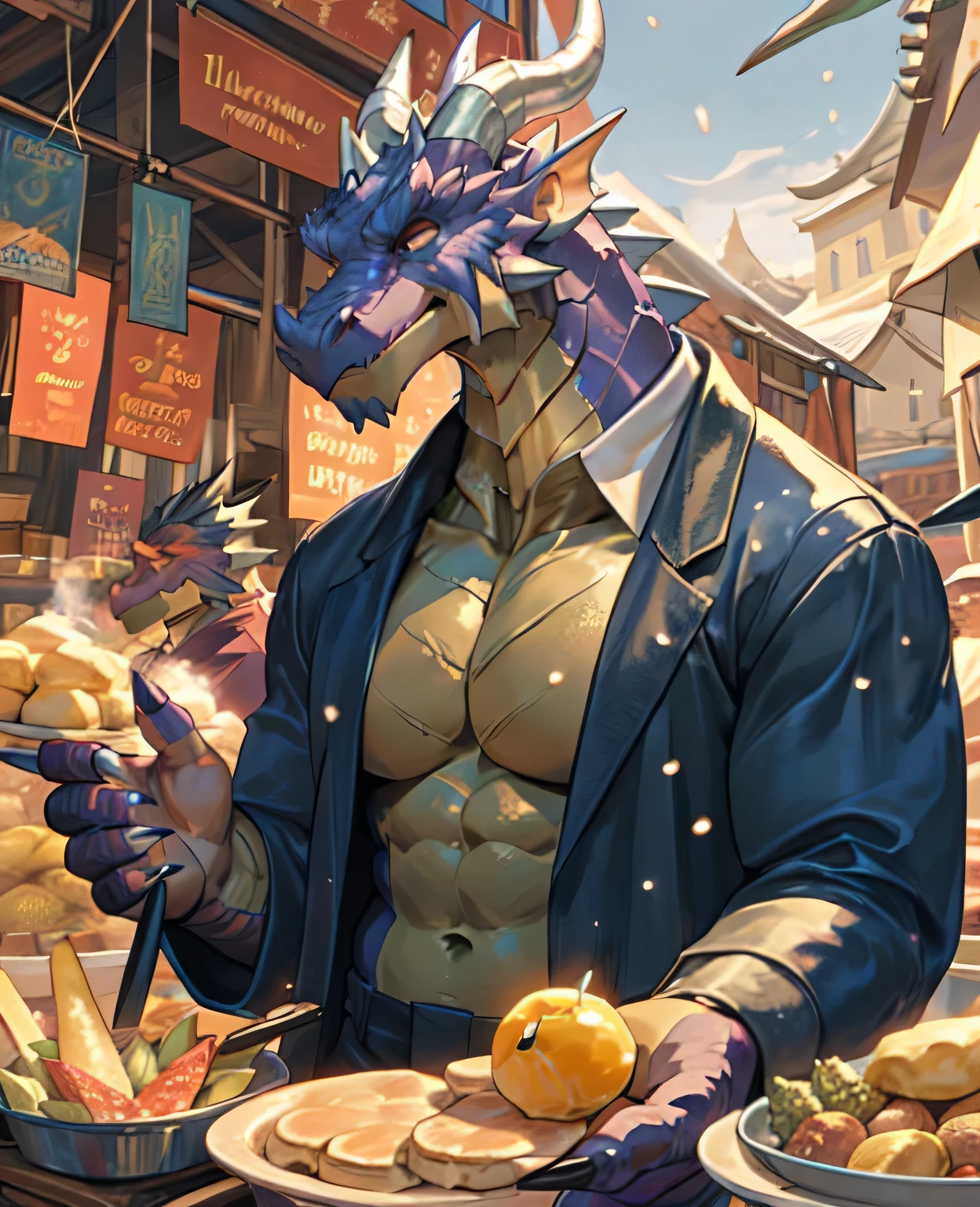 Dough, chef&#39;artwork, official art,  dragon, horn, queue, layer, muscle, fort, I, no, coat, dequeueed eyes, Upper Body, (Half-length portrait), market, bain ther male, Light Particles, Pino Deheny, Michael & Inessa Garmash, Yes，（Hands are claws），dragon claws