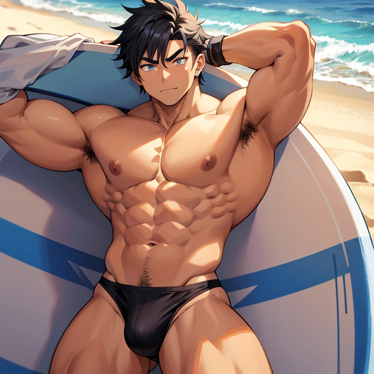 20 year old male bodybuilder anime character wearing a thong with a surfer hairstyle with black hair with eyebrow piercing on a beach flexing his big muscles with focus on the bottom of his feet
