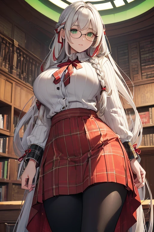 ((masterpiece)), (best quality:1.7), (detailed:1.4), (high res:1.4), 8k, (colorful:1.5), high resolution, sharped image, 4k, hd, (beautiful detailed background:1.2), (beautiful lighting:1.2), (highly detailed:1.2), perfect lighting, (8k wallpaper:1.2), (highly detailed:1.2), (extremely detailed CG:1.2), (((only white gray very long straight hair with two braid front bangs with red ribbon ties))), (only white hair), ((large full chest)), (((very busty))), curvy figure, (((light green eyes))), (beige loose ribbed sweater)), ((red plaid pattern skirt with black full length leggings)), ((big circle glasses)), library, mature, older, human adult, tall, fullbody