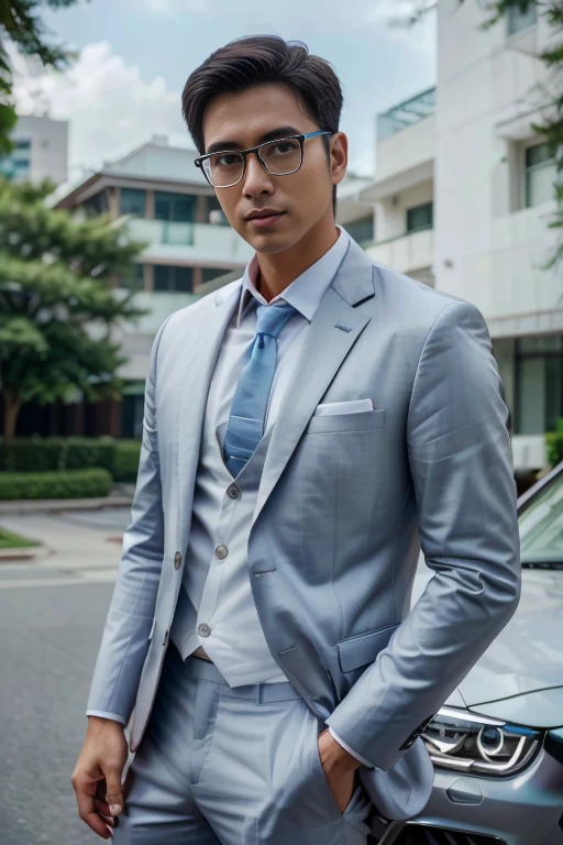 (One wears silver-white titanium alloy thin-rimmed glasses、Wearing a full light blue striped suit、White shirt、Tie、About 25 years old、Japanese men with a height of 180 cm)、(( Facial light is soft and natural))best quality、masterpiece、Ultra-high resolution、(Photo realism:1.4)、original photo、(戶外街道上One wears silver-white titanium alloy thin-rimmed glasses、Wearing a full light blue striped suit、White shirt、Tie的年輕英俊的日本男人、Standing under the red maple tree、Red and big maple leaves、delicate leaves、branch details)、(There is a white BMW car next to the man、Man's hands on car roof) 、Octane Rendering、8K、Super sharp、realistic light、(There is only one white BMW car on the street、The man's shining eyes look directly in the direction of the camera)、LED、Ultra high quality、High、gentleman、very beautiful hair、bright photos、As handsome as a model、As handsome as an idol,Professional profile photo, Professional portrait photos、Realistic portrait photos, Detailed color portrait, Portrait of an idol, High quality portrait.