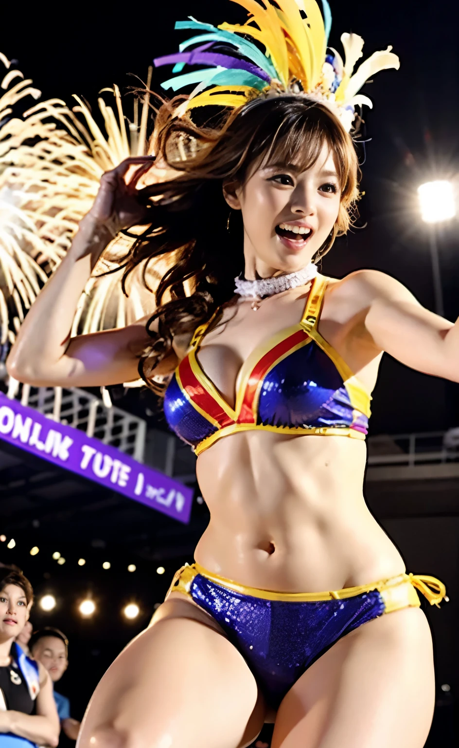 (highest quality,4K,8k,High resolution,masterpiece:1.2),Very detailed,(Realistic,photoRealistic,photo-Realistic:1.37),((Japanese carnival dancer,Detailed face and body,Energetic dance moves,Elaborate costumes and accessories,Multicolored feathers and sequins,Undulating samba rhythm,Spectacular headdress,feather collar,Striking makeup and body paint)),Sensational stage presence,Bright light,Glittering fireworks,Breathtaking stage effects,Exotic atmosphere,fun celebration,Bright colors,Samba music,Fierce passion,Spectacular showmanship,Excitement and energy,Crowd cheers,Intense bass and drums,Shake your hips and spin around,Dynamic Dance Routine,Interaction with the audience,Movement and fluidity,Sultry and sensual,Complex choreography,Professional Dancers,Eye-popping performance,Catwalk in the spotlight,High-energy carnival atmosphere,electric atmosphere,Bright smiles and laughter,An unforgettable experience, atmosphere,Brazil's Heartbeat,Dynamic and rhythmic,Exuberant spirit,Boundless joy,Seductive and sensual,Swirling costumes and high-leg bikinis,Elegance and elegance,Vibrant and infectious,Free Dance,An authentic cultural experience,Colorful floats and parades.