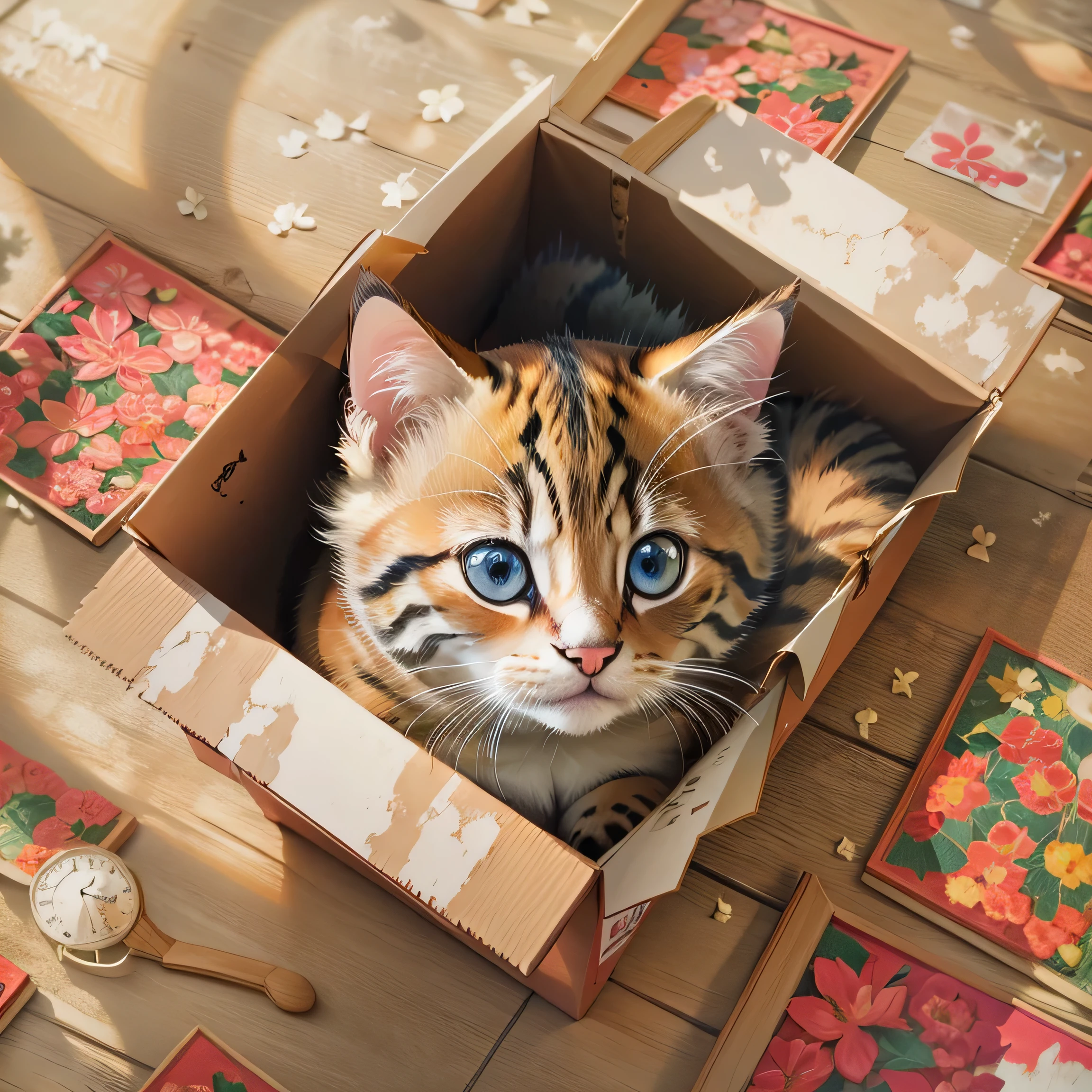 There is a cat lying in a box on the floor., Realistic paintings by Brian Thomas, tumbler, Photorealism, Cute cat, Adorable digital painting, Cute kitten, Cute cat photo, The cutest kitten ever, Beautiful and cute, Cute and adorable, a Cute cat, Adorable kitten, Cute Animals, cute cat, With cute eyes